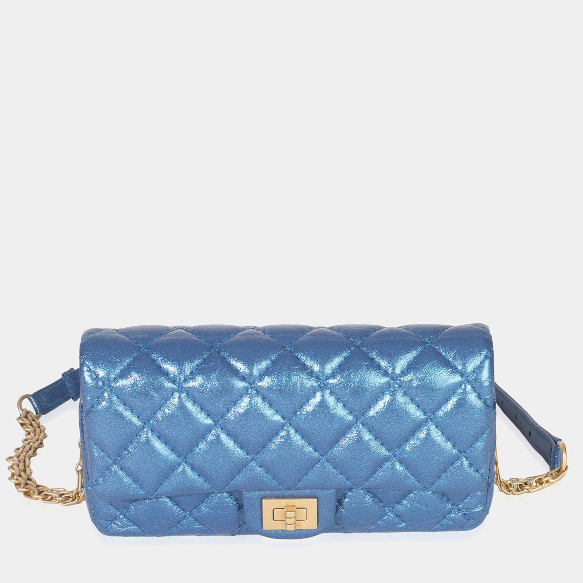 Pre Owned Chanel Blue Metallic Aged Quilted Calfskin 2.55 Reissue Flap Belt Bag