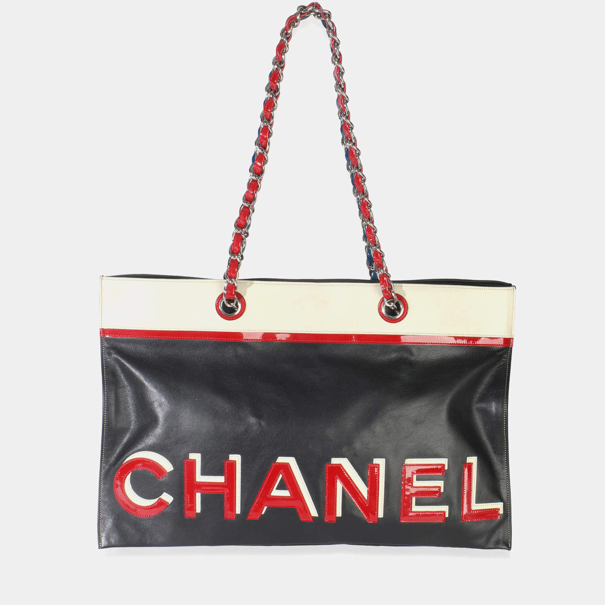 Pre Owned Chanel Vintage Black Red Lambskin No. 5 Star Chain Tote Bag