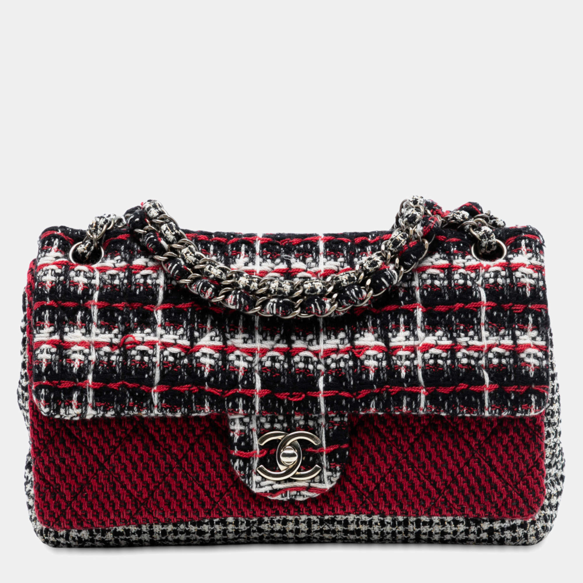 Pre Owned Chanel Red Medium CC Tweed Multi Print Double Flap