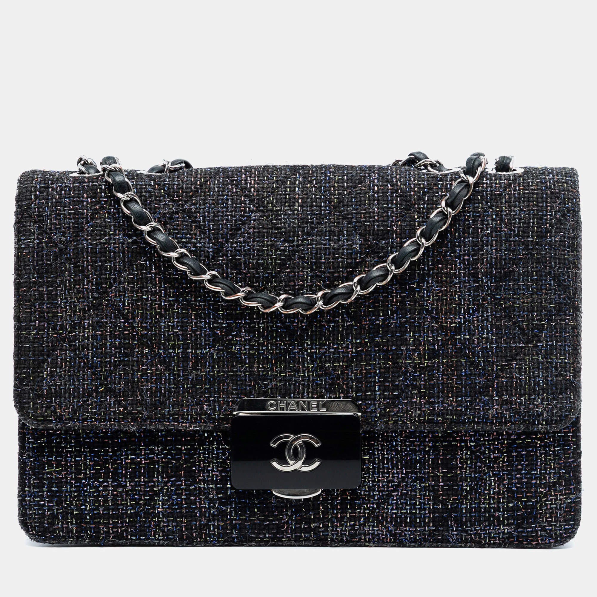 Pre Owned قفل تجميل شانيل كبير مبطن تويد أسود بغطاء فتح وإغلاق