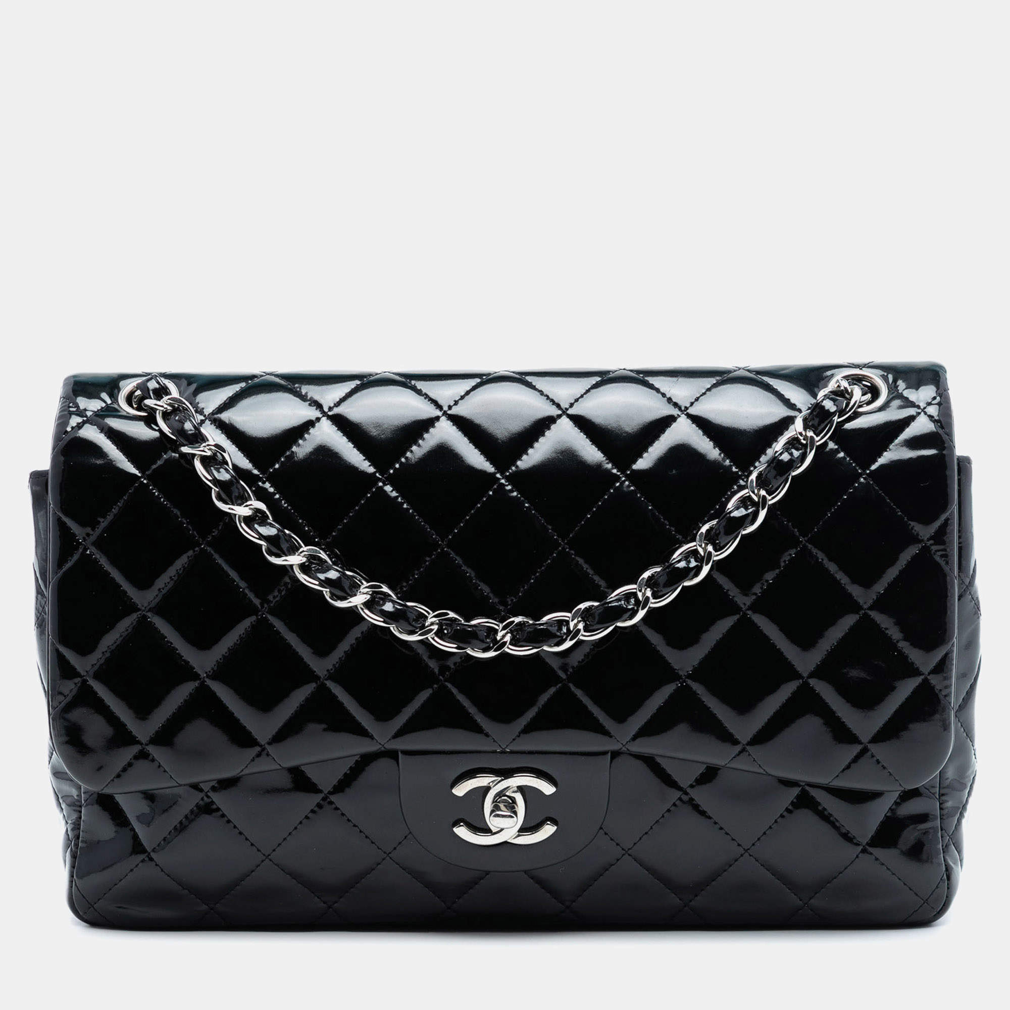 Pre Owned Chanel Black Jumbo Classic Patent Double Flap