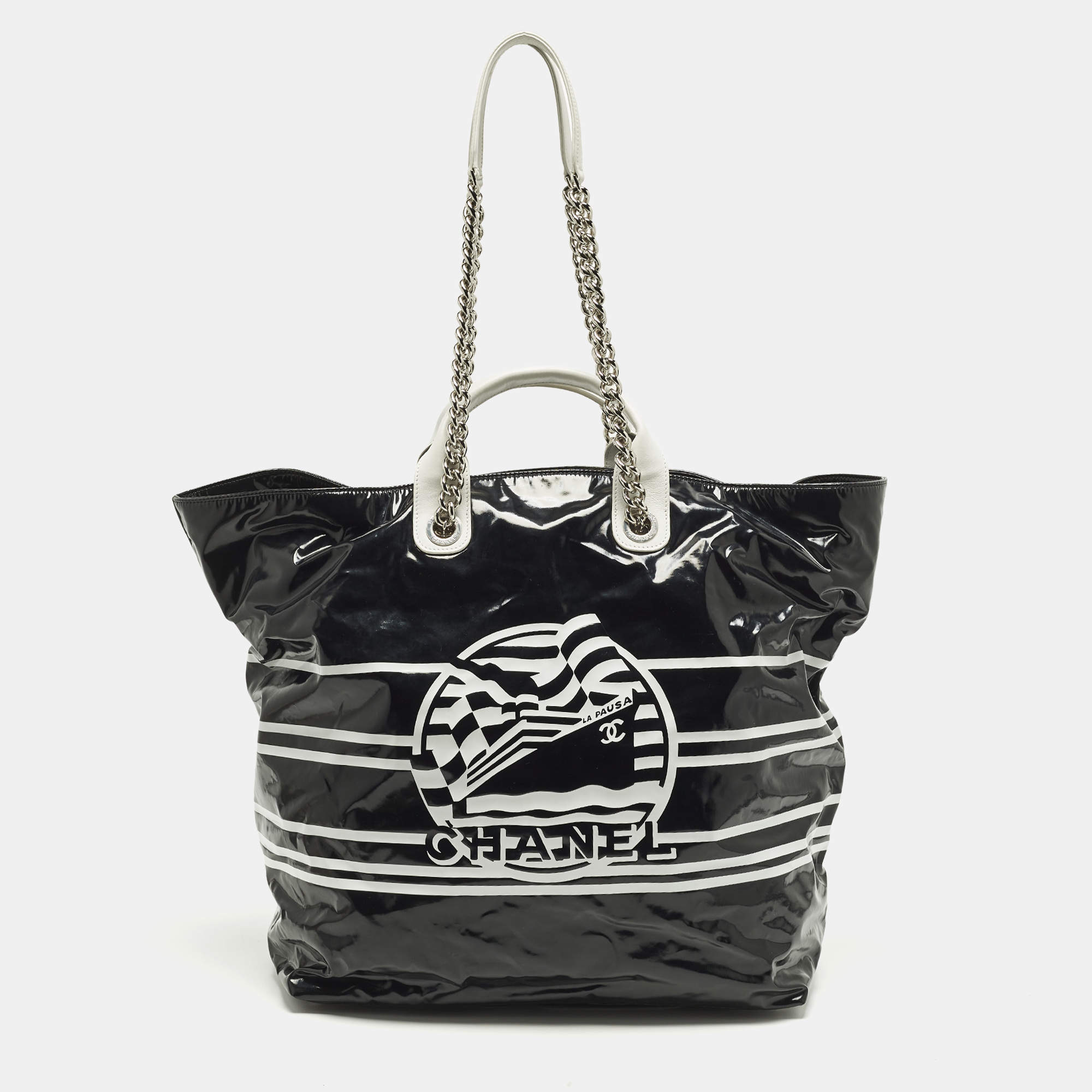 Pre Owned Chanel La Pausa Black/White Coated Canvas Shopper Tote