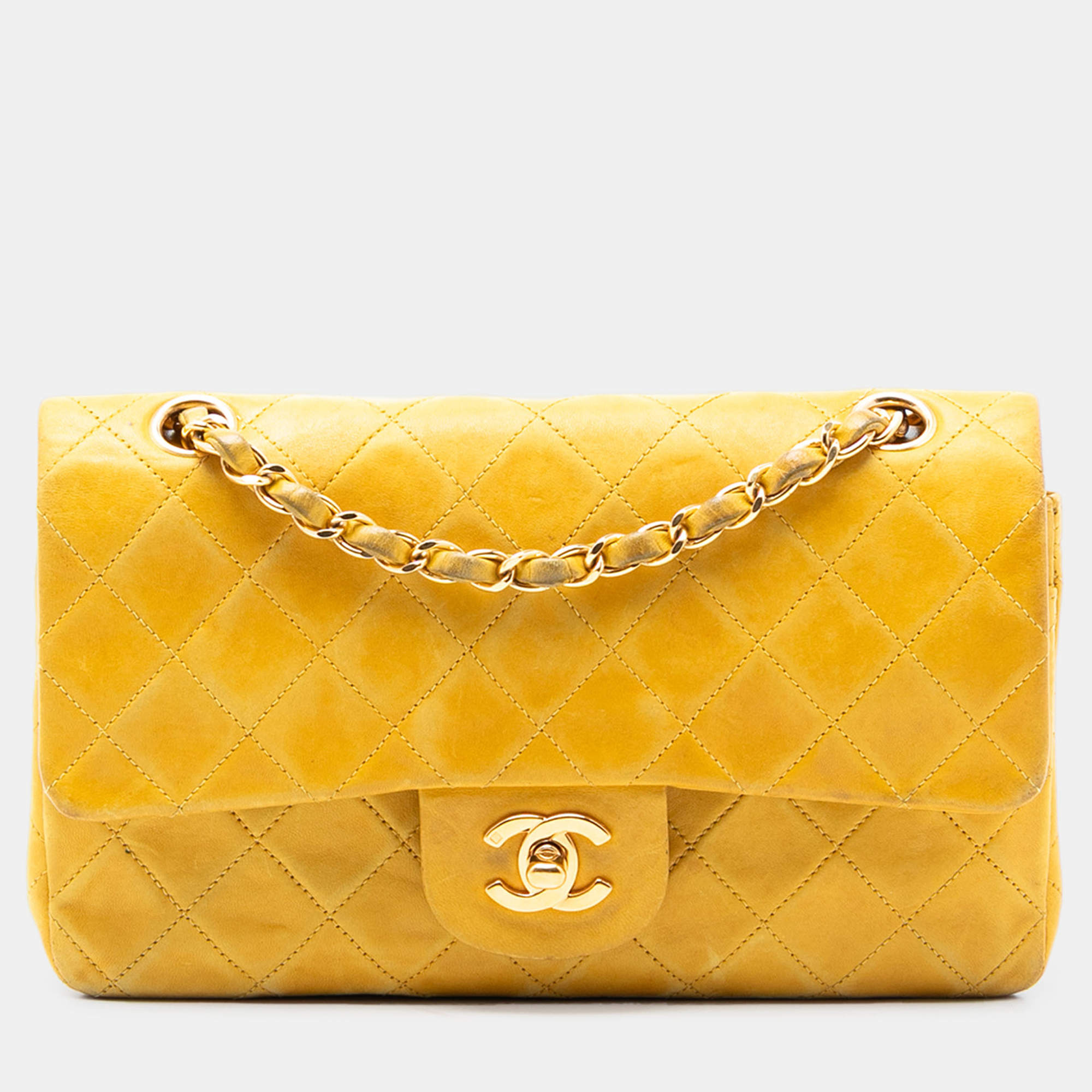 Pre Owned Chanel Yellow Small Classic Lambskin Double Flap