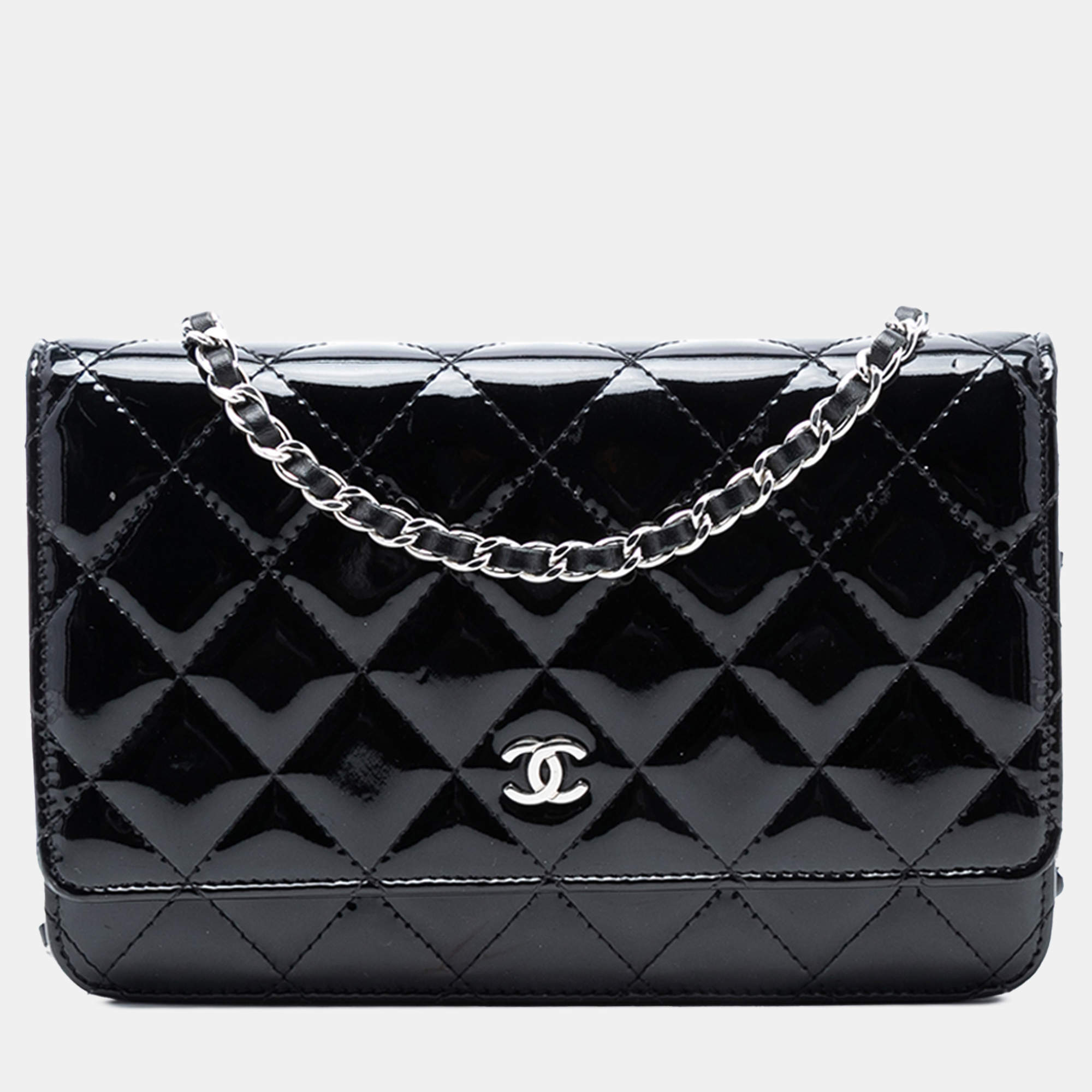 Pre Owned Chanel Black CC Quilted Patent Wallet On Chain