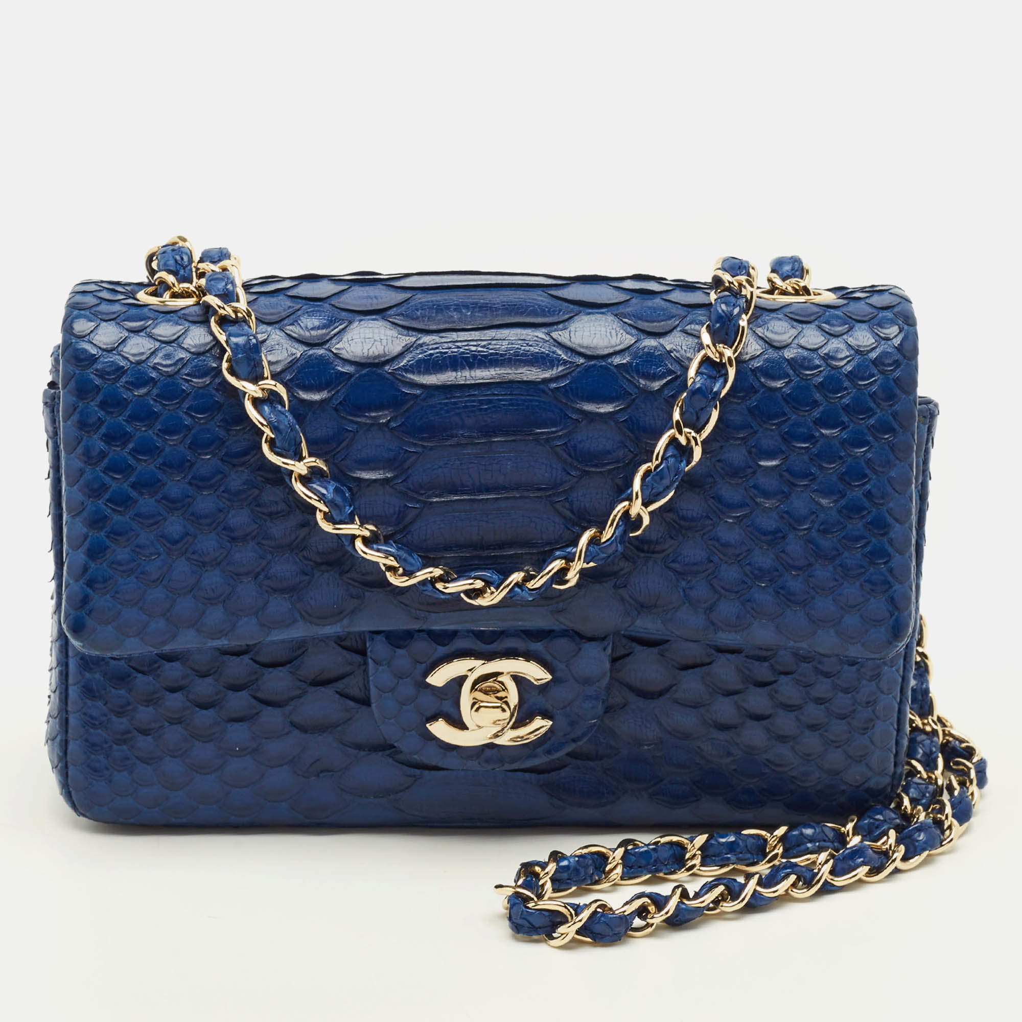 Pre Owned Chanel Classic New Mini Blue Python Flap Bag