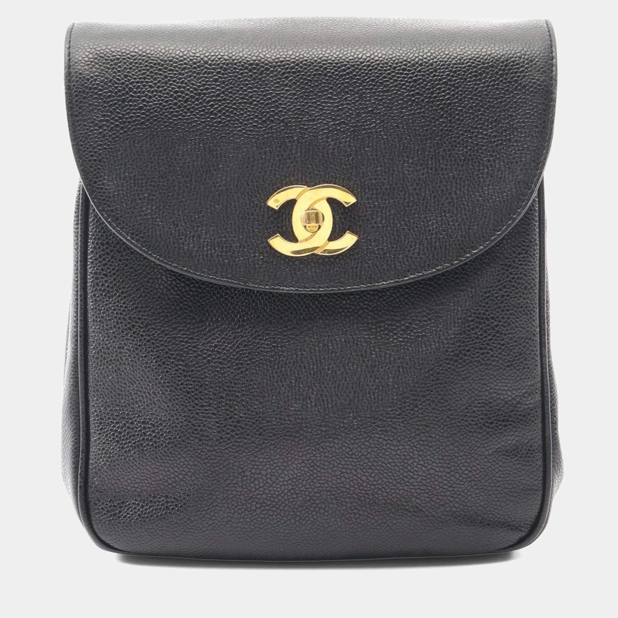 Pre Owned Chanel Coco Mark Backpack Bag In Calfskin Leather Cowhide Black