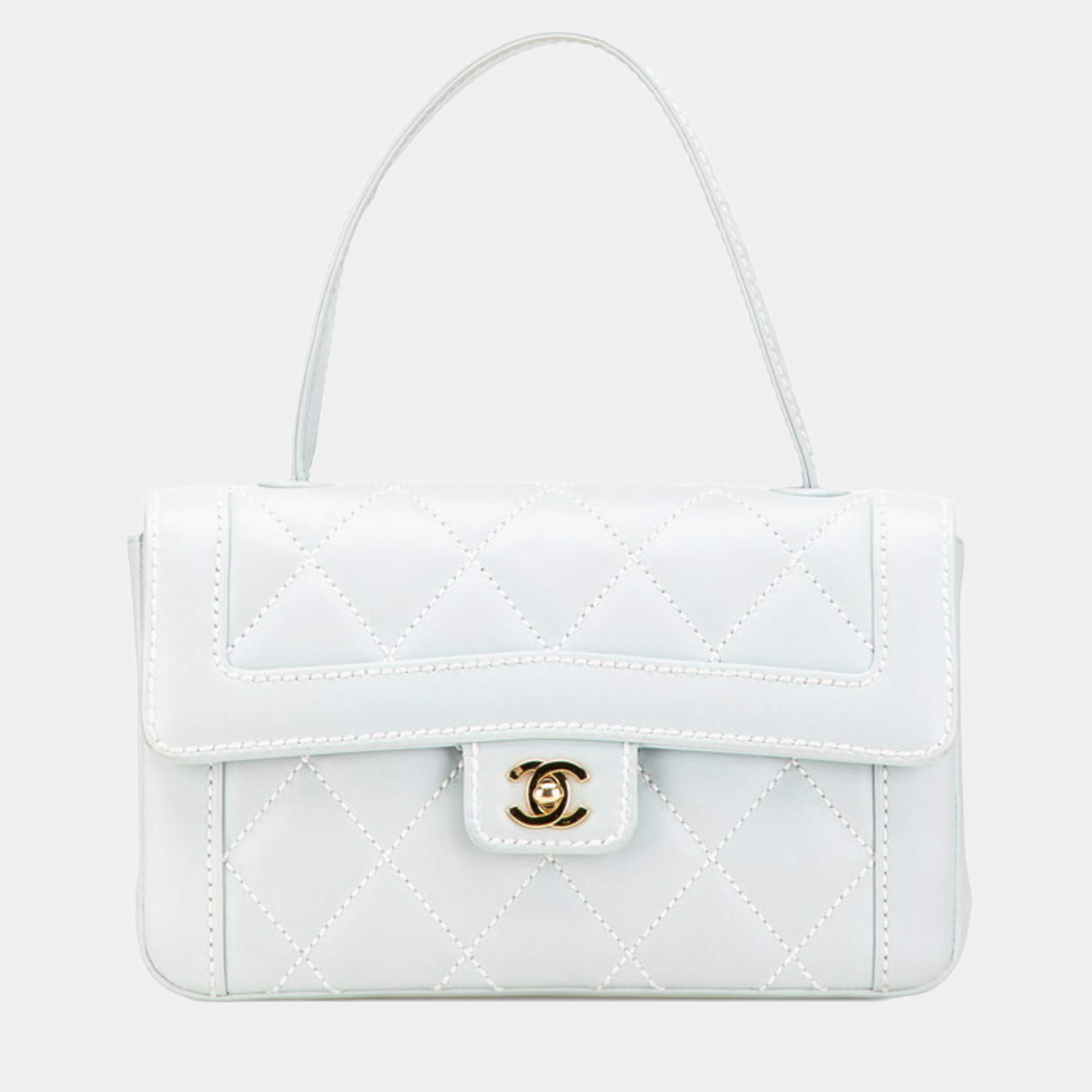 Pre Owned Chanel Coco Mark Wild Stitch Handbag In Light Blue Lambskin