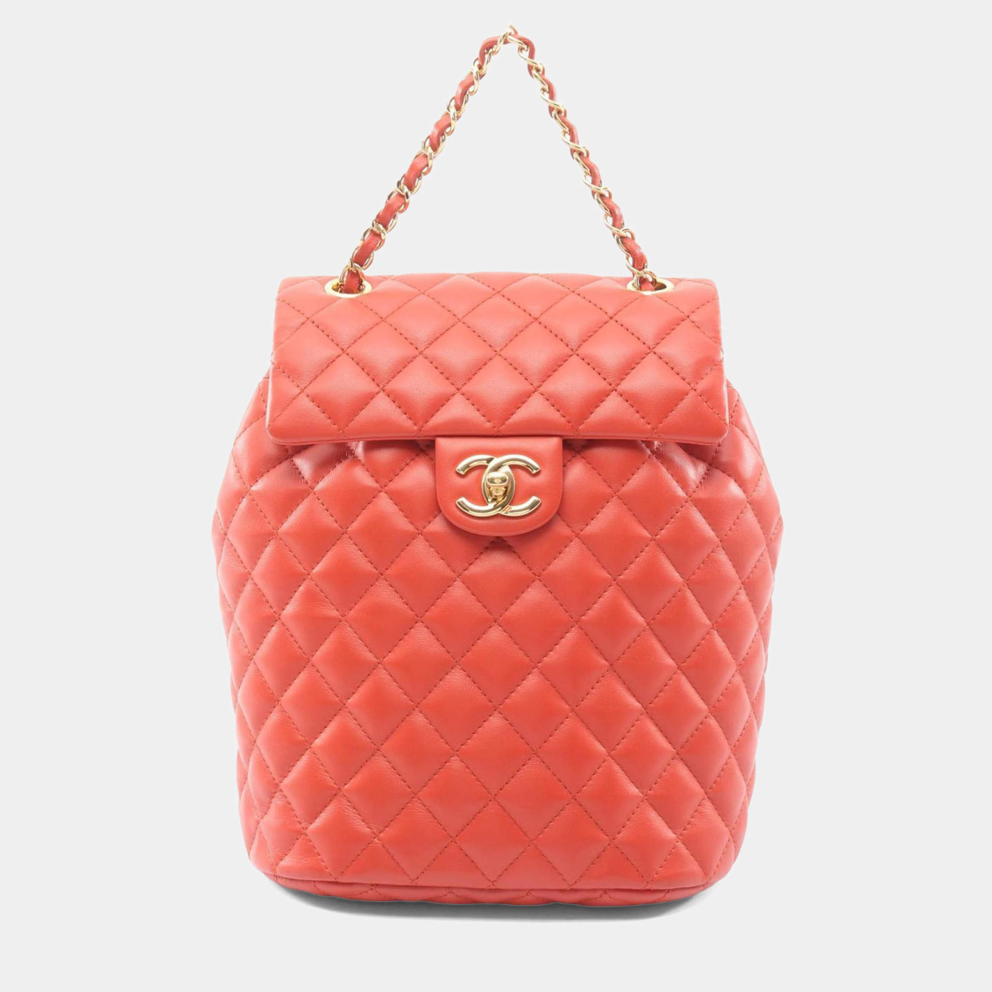 Pre Owned Chanel Matelasse Rucksack Leather Orange