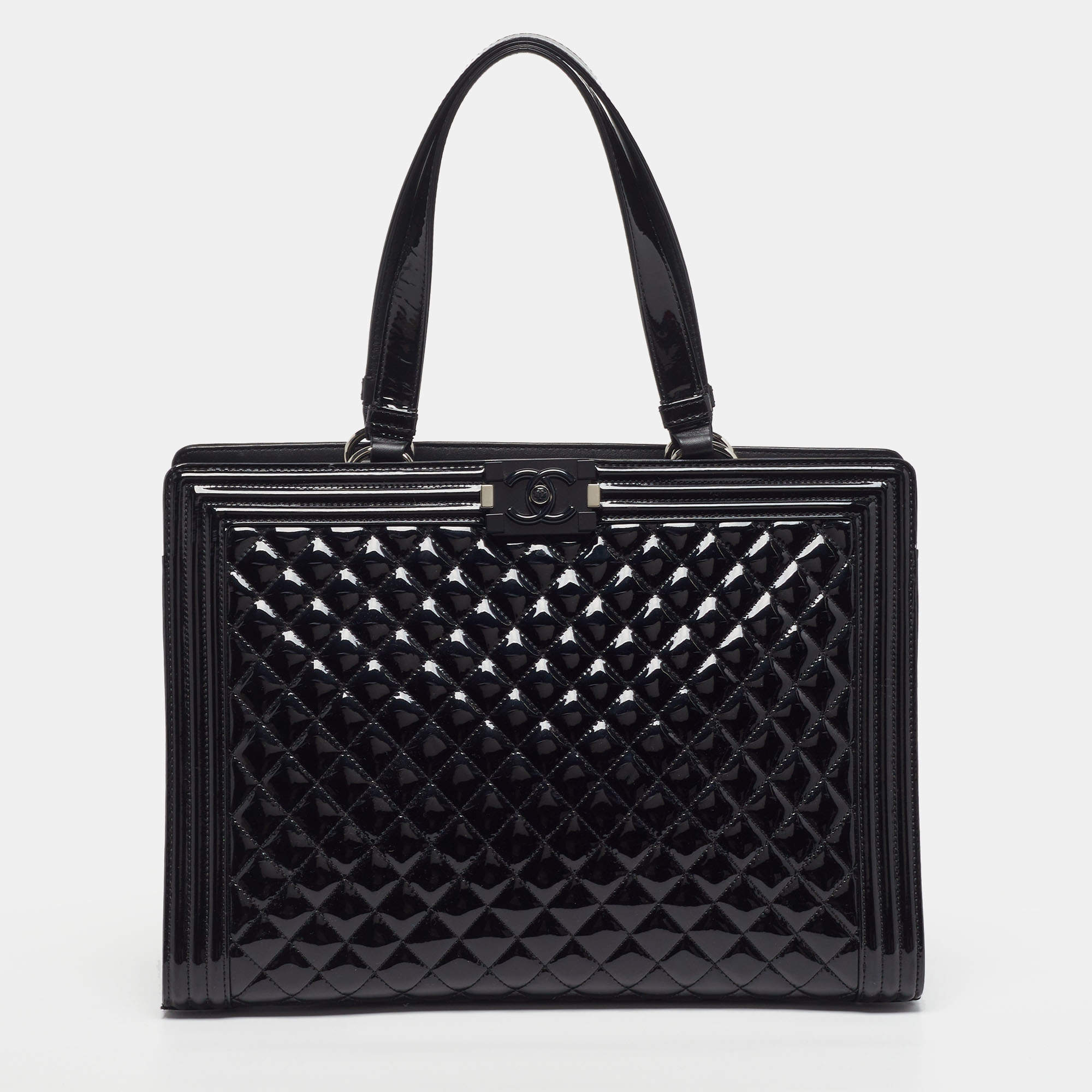 Pre Owned Chanel Boy Large Black Quilted Patent Leather Shopper Tote