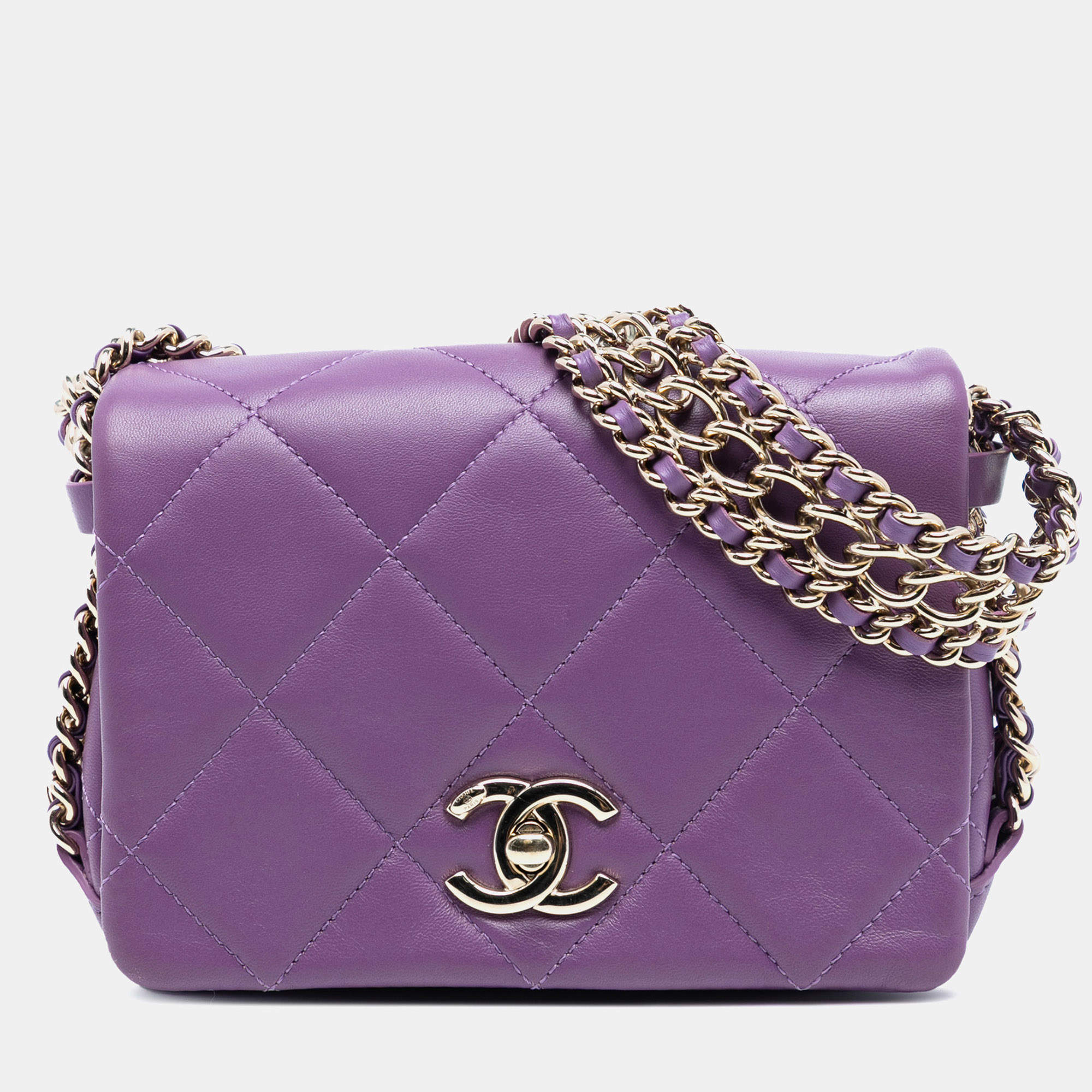 Pre Owned Chanel Purple Mini Lambskin Triple Chain Full Flap