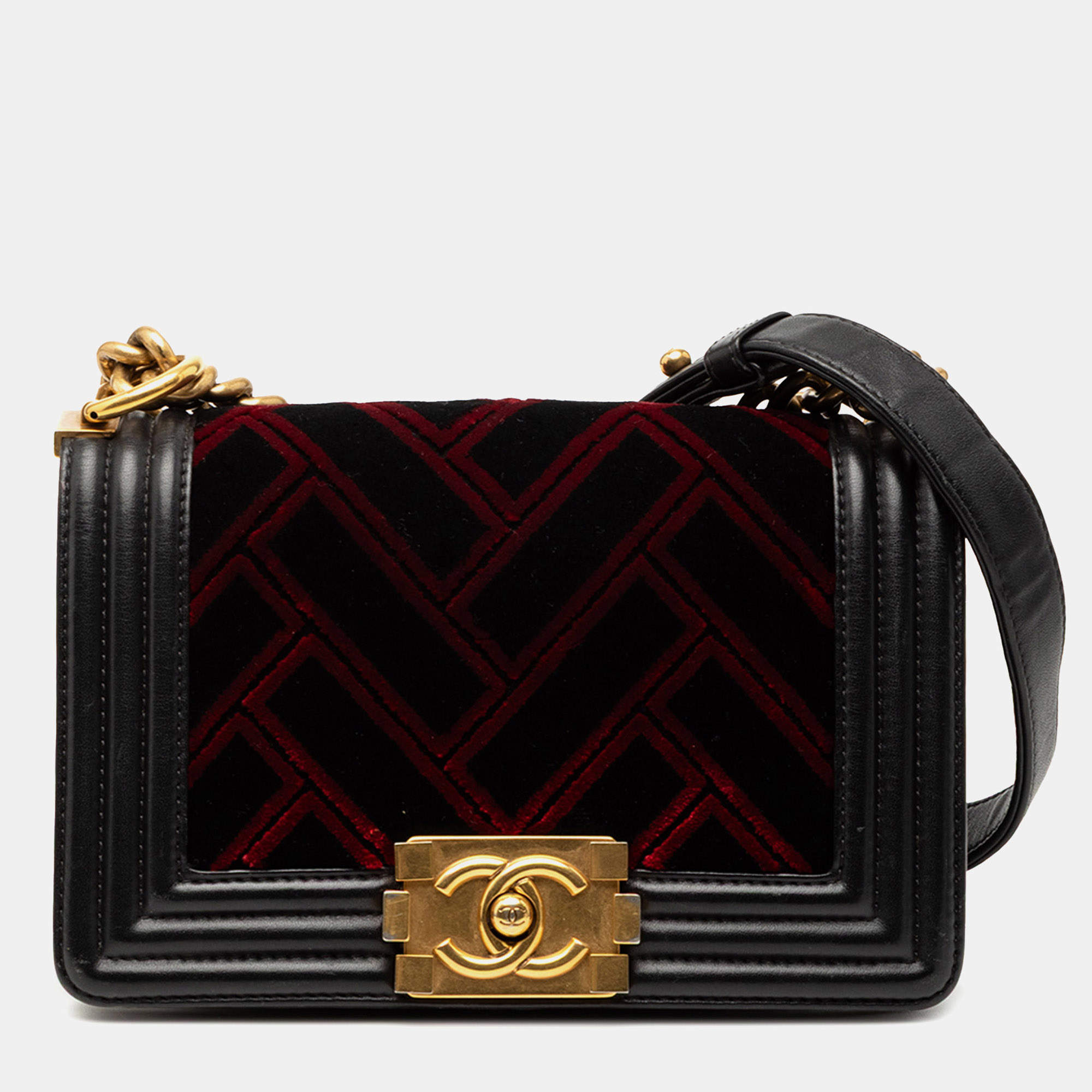 Pre Owned حقيبة شانيل سوداء حمراء صغيرة من المخمل وجلد العجل بغطاء علوي