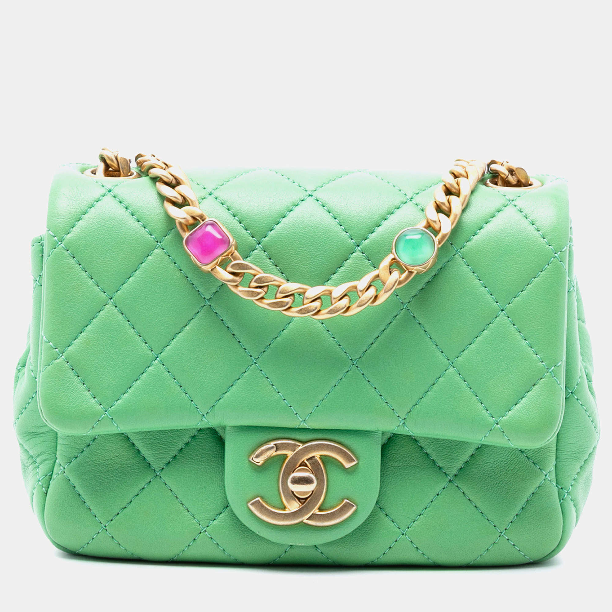Pre Owned Chanel Green Mini Square Lambskin Pearl Samba Flap