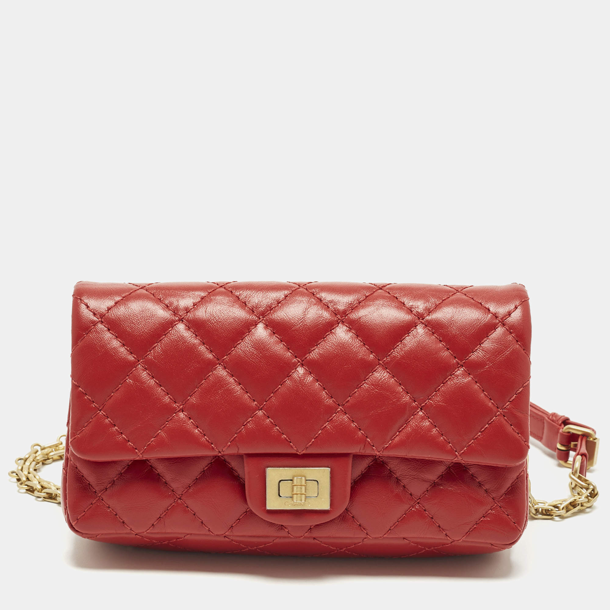 Pre Owned Chanel Reissue 2.55 Red Quilted Aged Leather Belt Bag