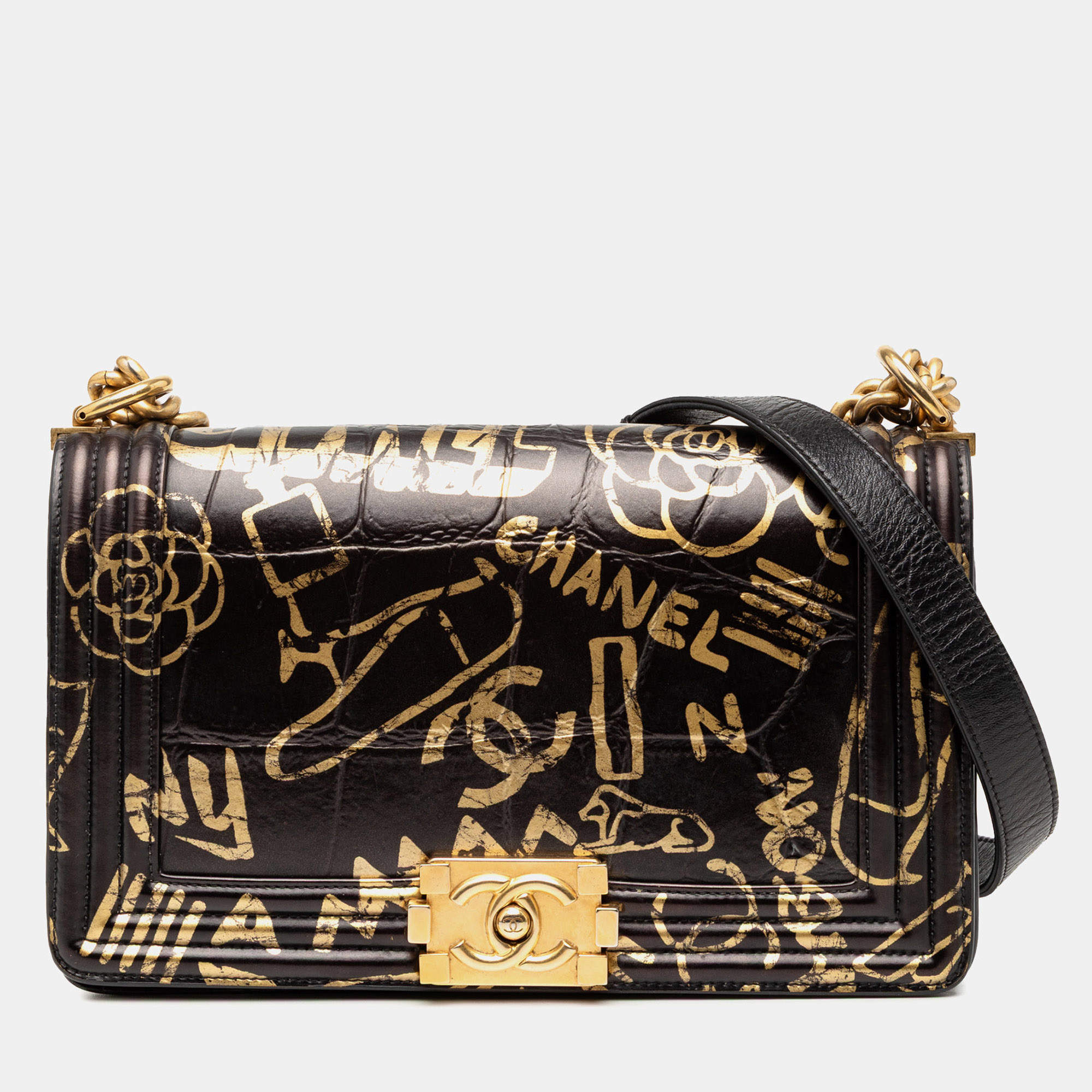 Pre Owned Chanel Black Medium Croc Embossed Leather Graffiti Cocodile Boy Flap