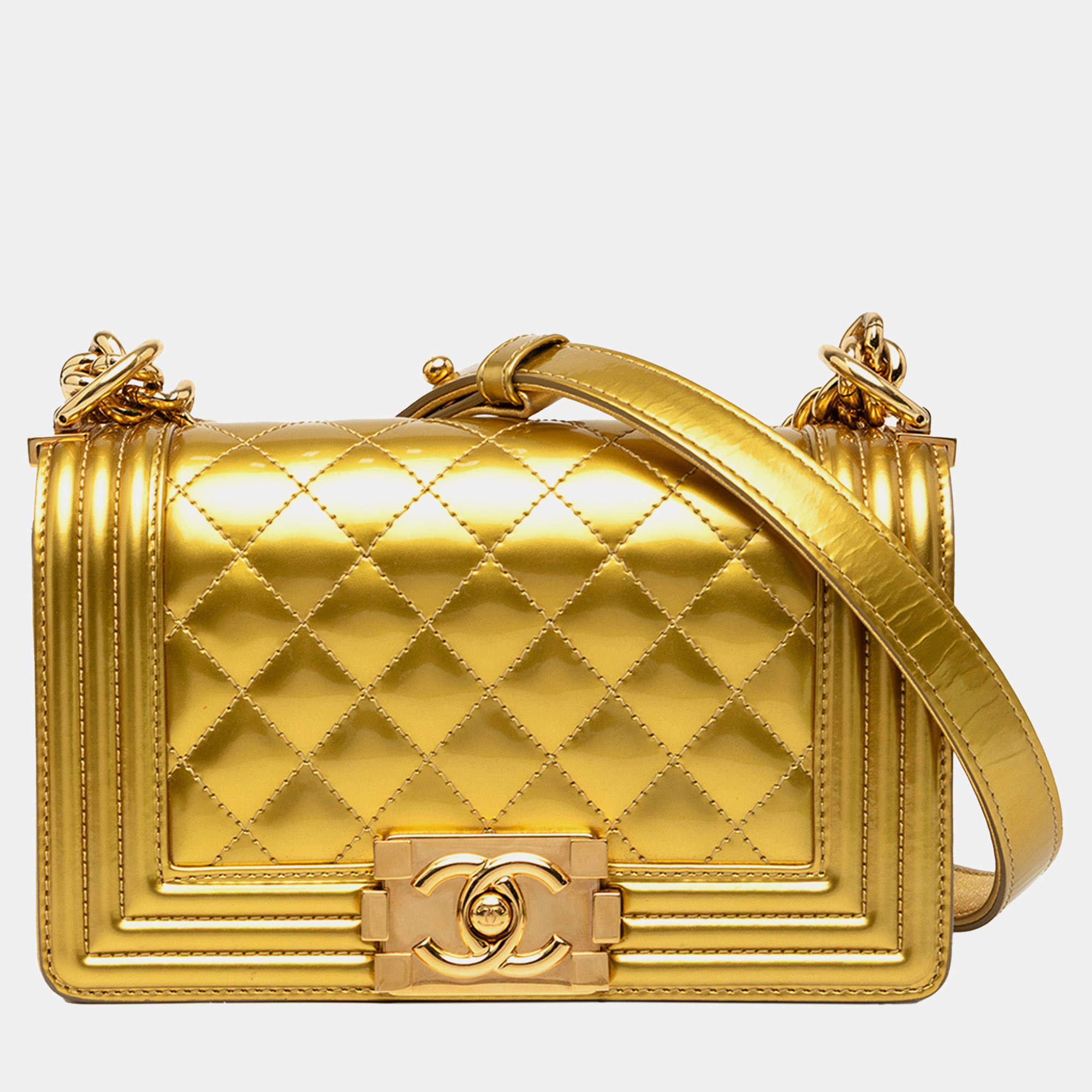 Pre Owned Chanel Gold Small Quilted Metallic Patent Boy Flap
