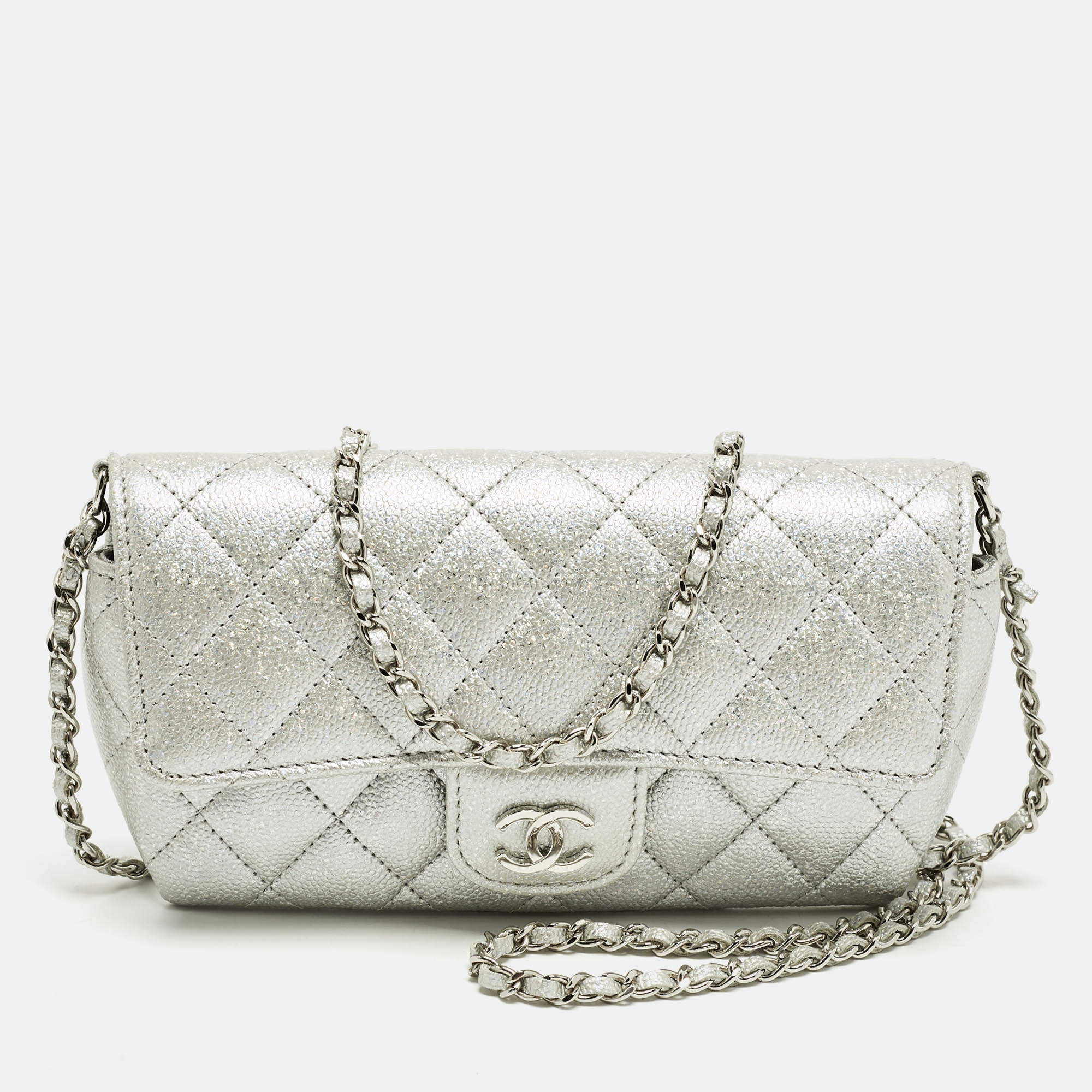Pre Owned Chanel Silver Quilted Glitted Effect Caviar Leather Glasses Case Chain Pouch  