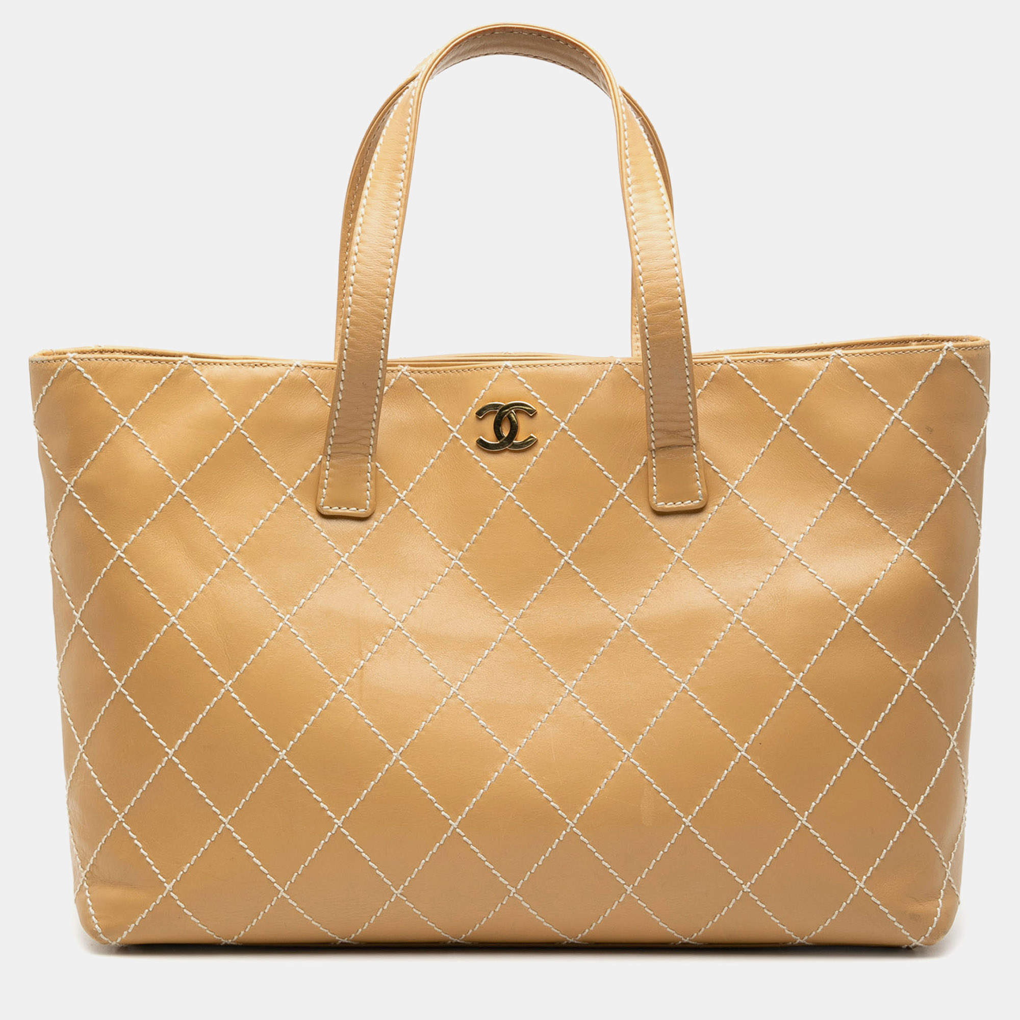 Pre Owned حقيبة شانيل توت غرزة برية جلد العجل بني كبيرة CC