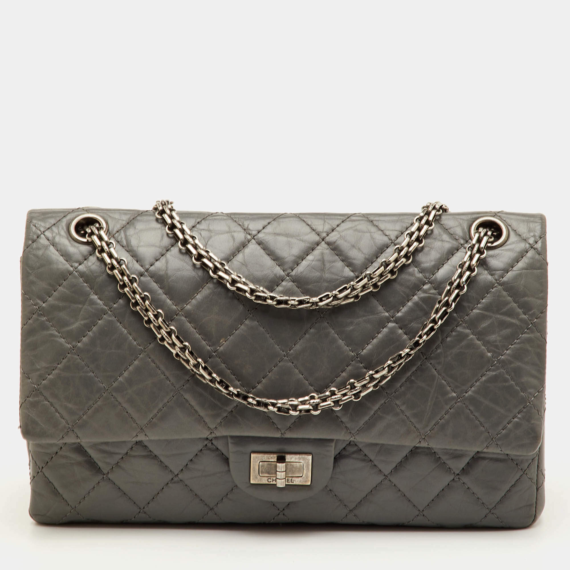 Pre Owned Chanel Reissue 2.55 Classic 226 Grey Quilted Aged Leather Double Flap Bag