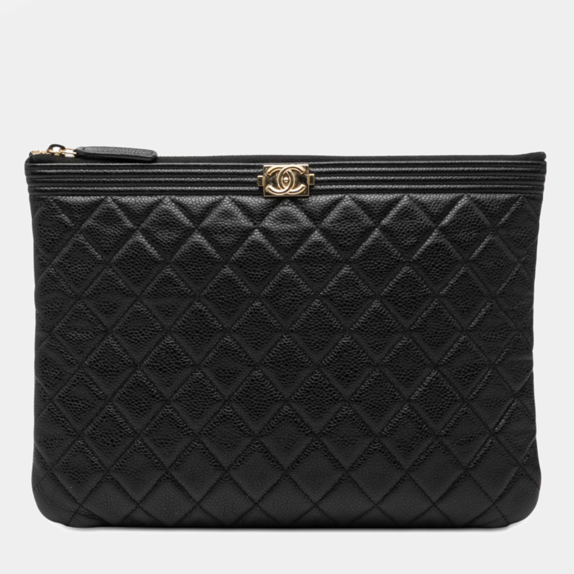 Pre Owned Chanel Black Medium Quilted Caviar Boy O Case Clutch