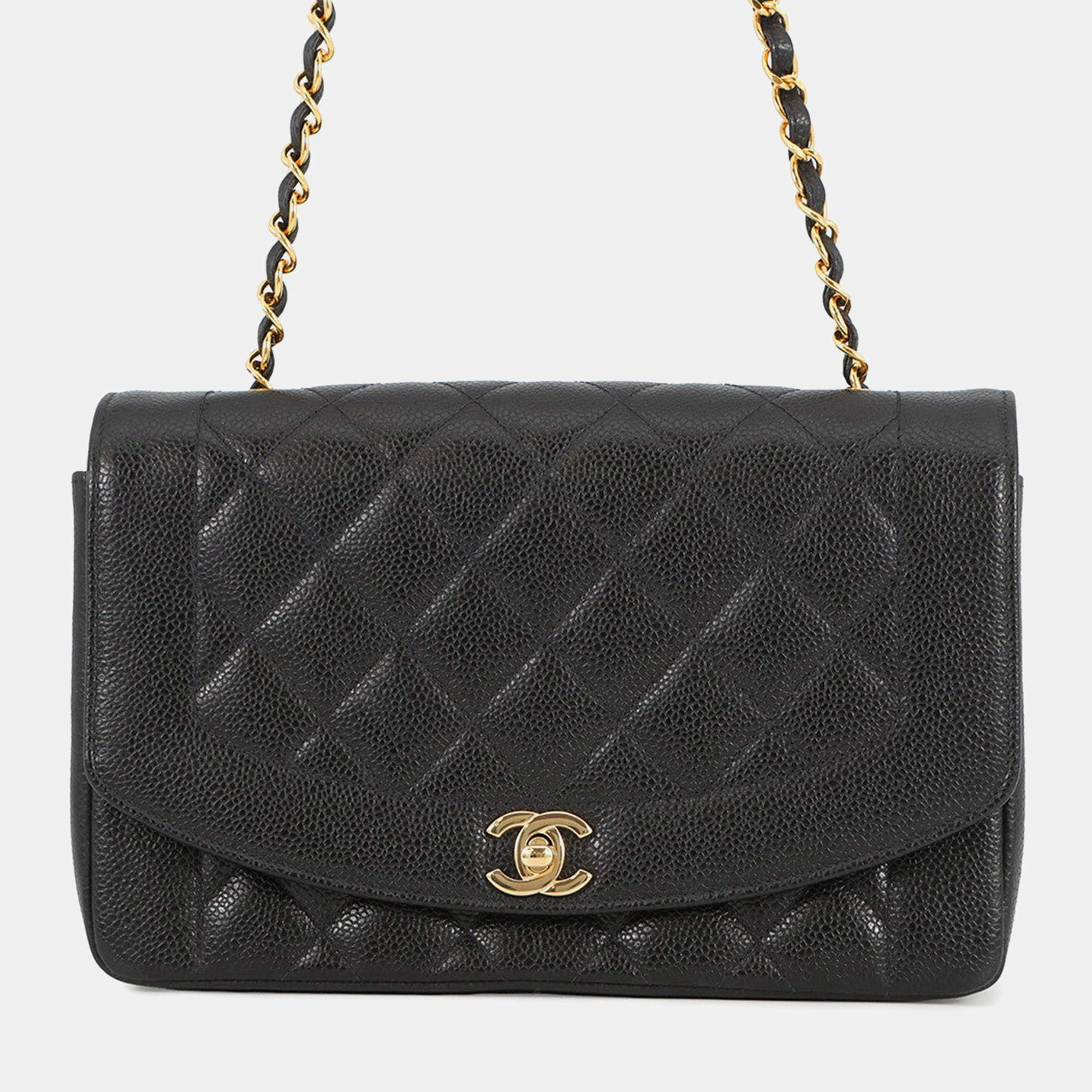 Pre Owned Chanel Matelasse Diana Single Flap Chain shoulder Bag Black Caviar Leather Size 25