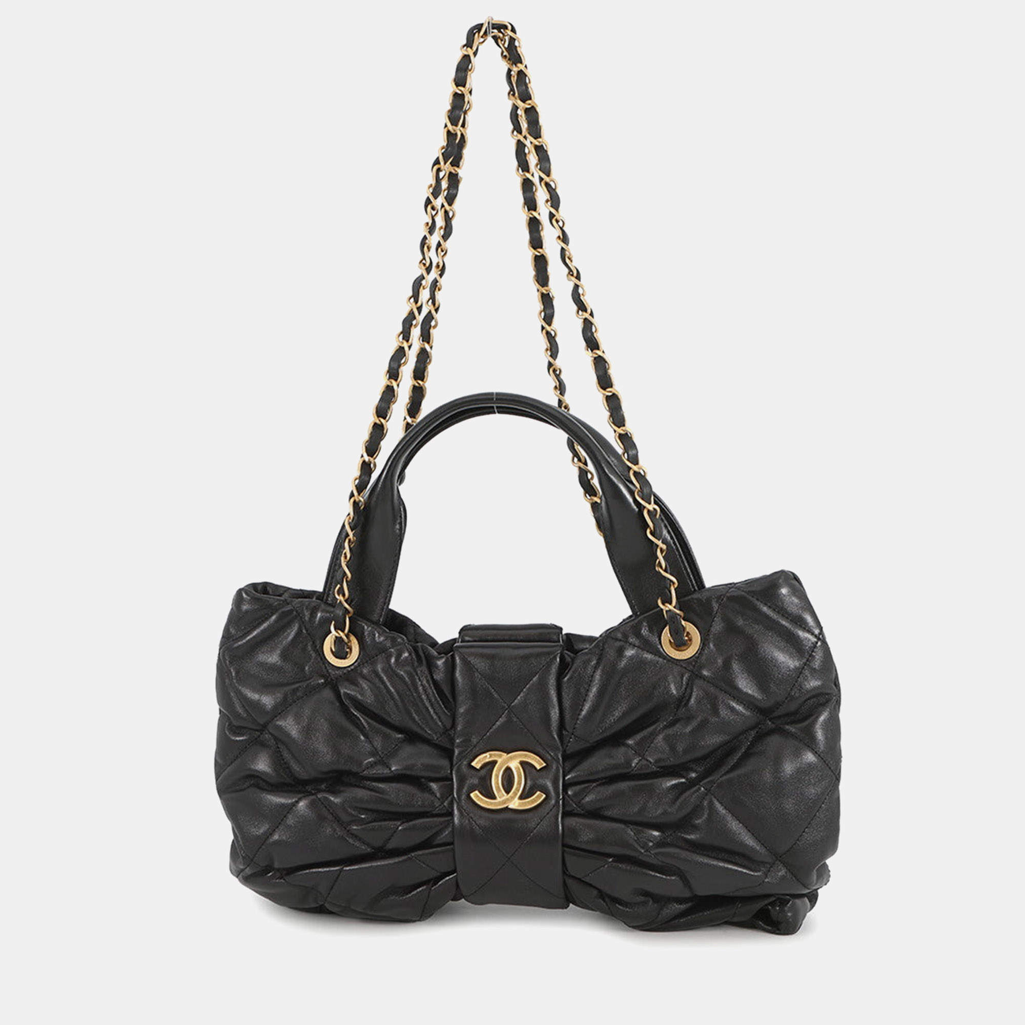 Pre Owned Chanel Matelasse Ribbon Bow Bag 2Way Handbag Black Lambskin