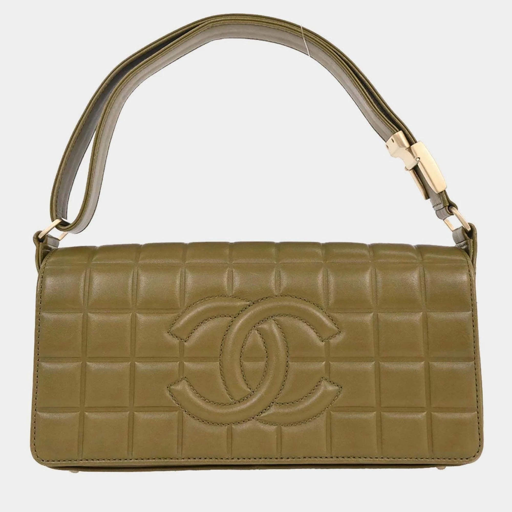 Pre Owned Chanel Khaki Lambskin Choco Bar Shoulder Bag