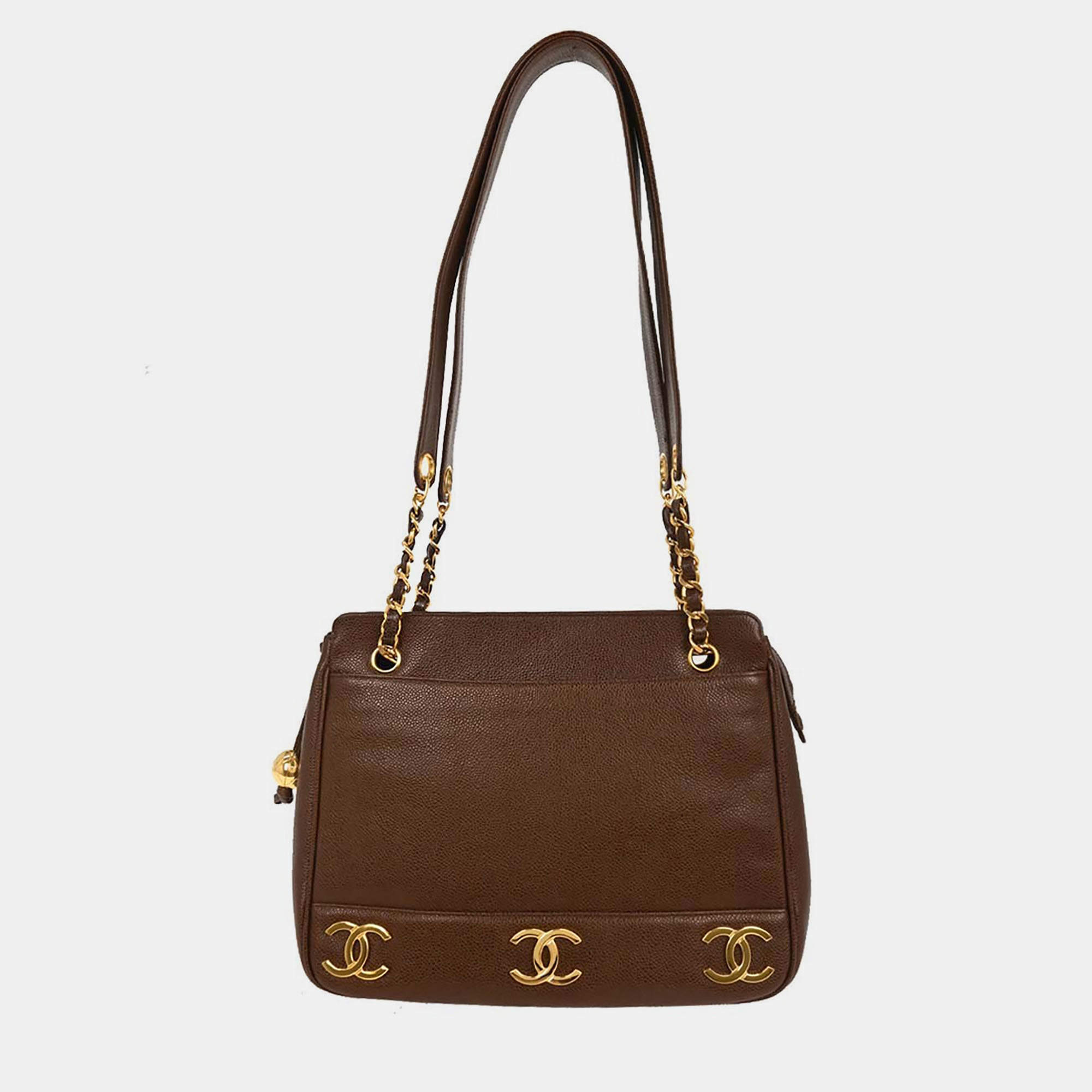 Pre Owned Chanel Brown Calfskin Triple CC Shoulder Tote Bag