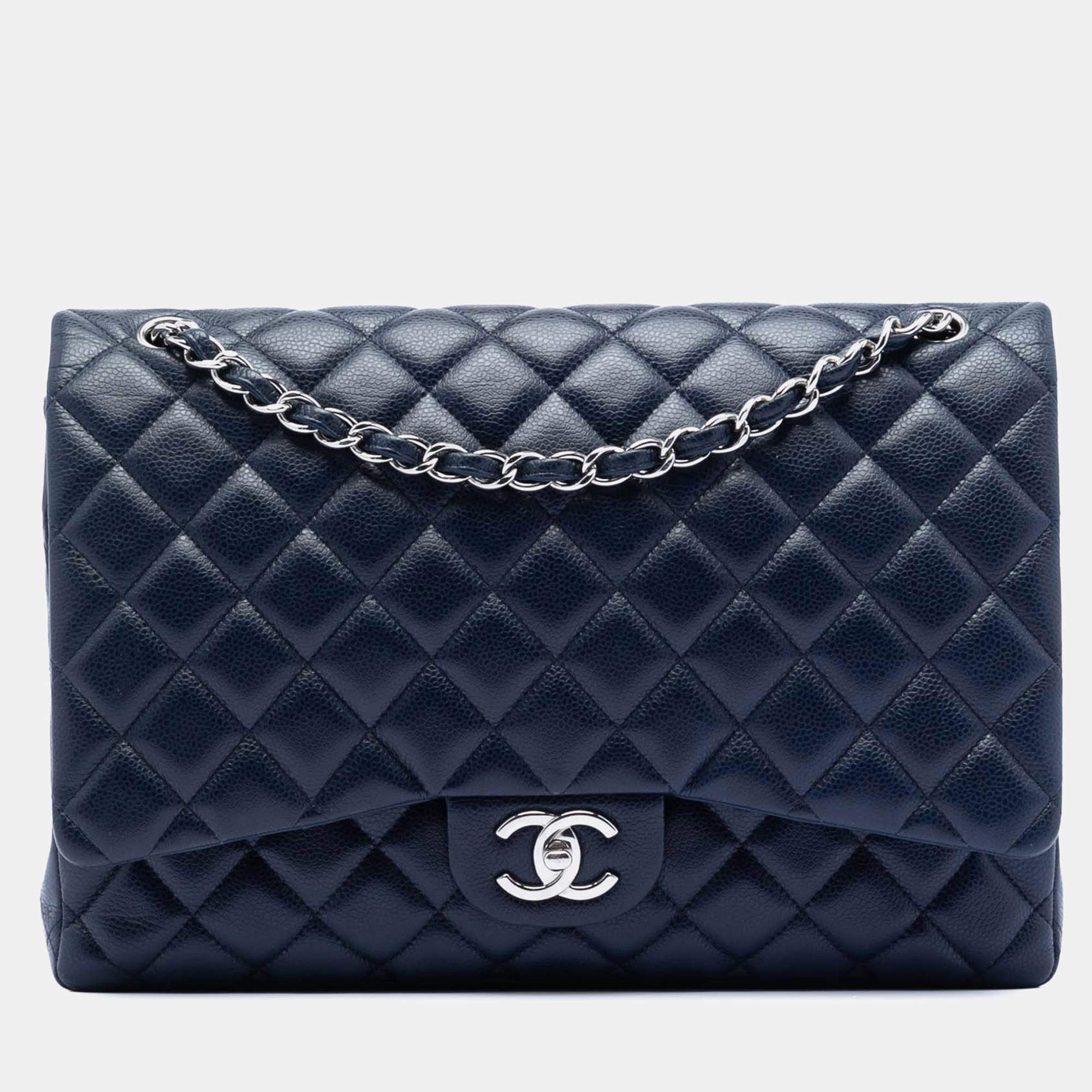 Pre Owned Chanel Blue Maxi Classic Caviar Double Flap