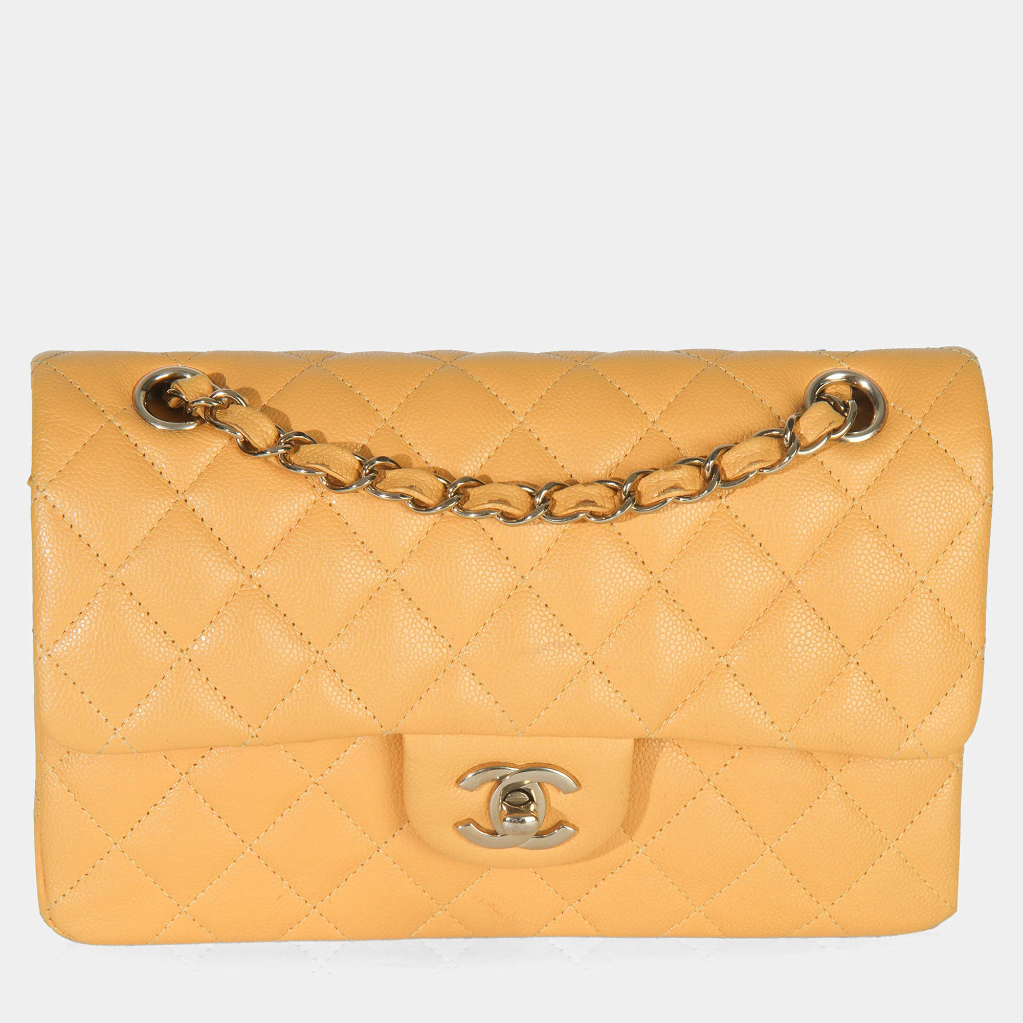 مملوكة مسبقًا حقيبة شانيل صفراء كافيار مبطنة كلاسيكية صغيرة بغطاء مزدوج
