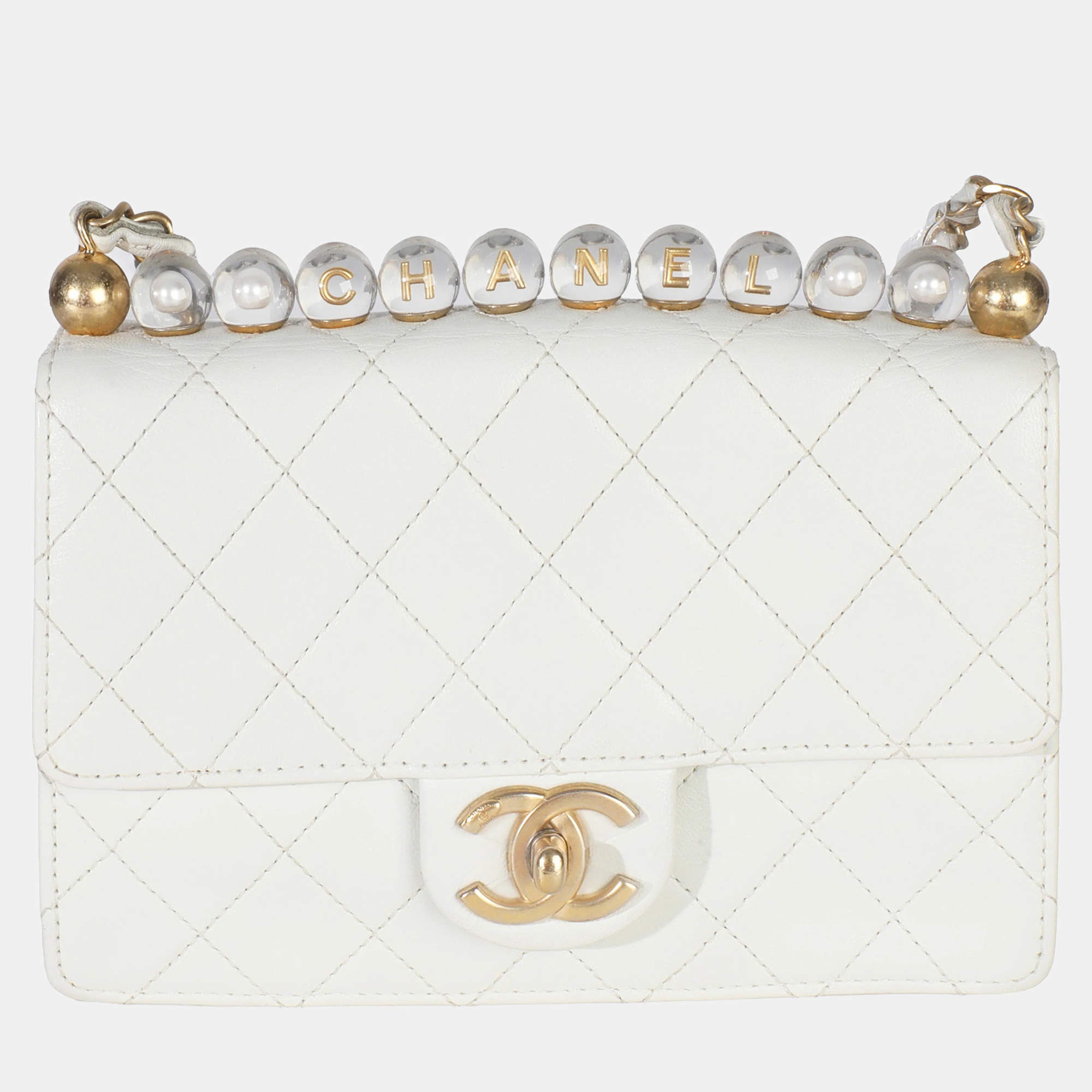 Pre Owned Chanel White Quilted Goatskin Small Chic Pearls Flap Bag