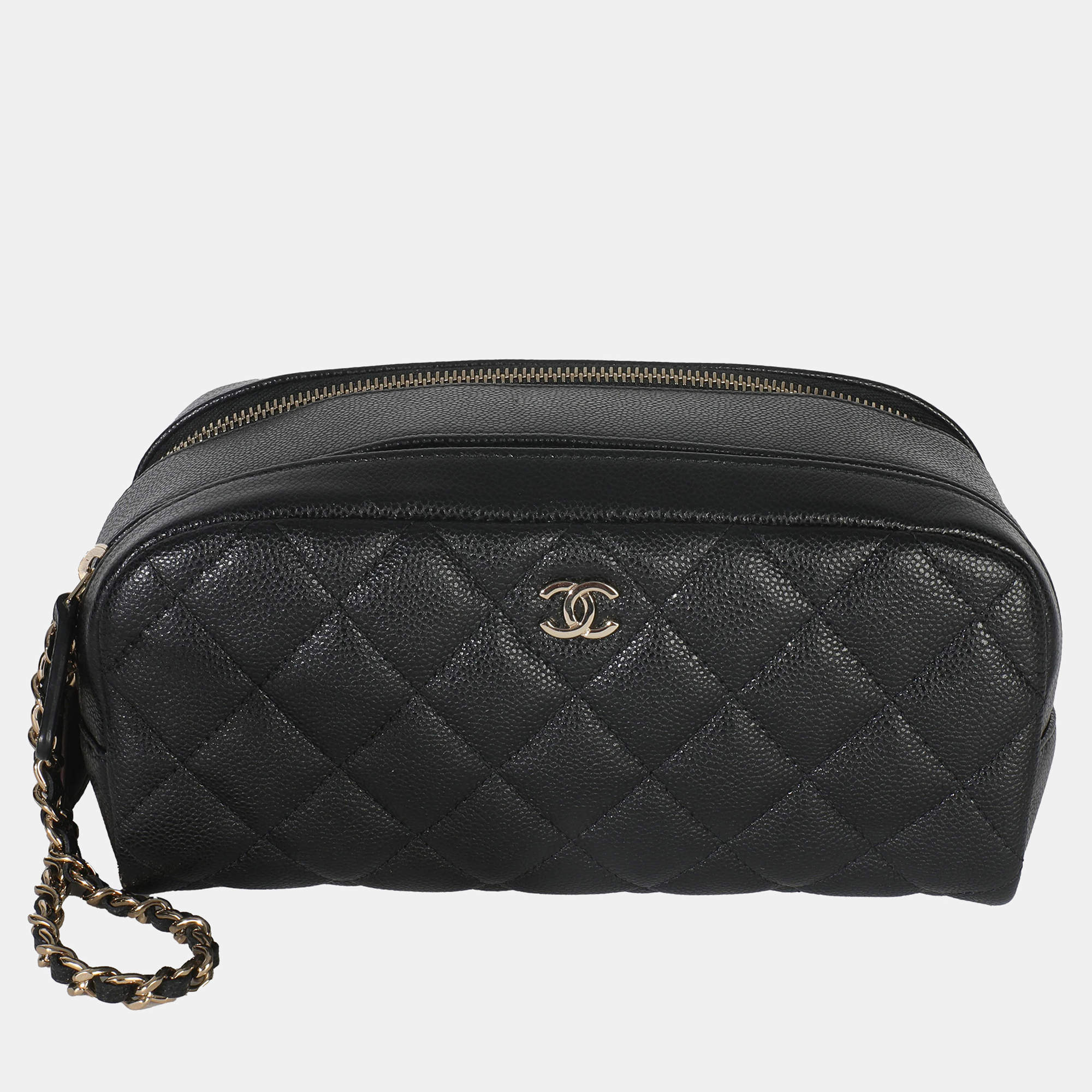 Pre Owned Chanel Black Quilted Caviar Toiletry Case With Chain