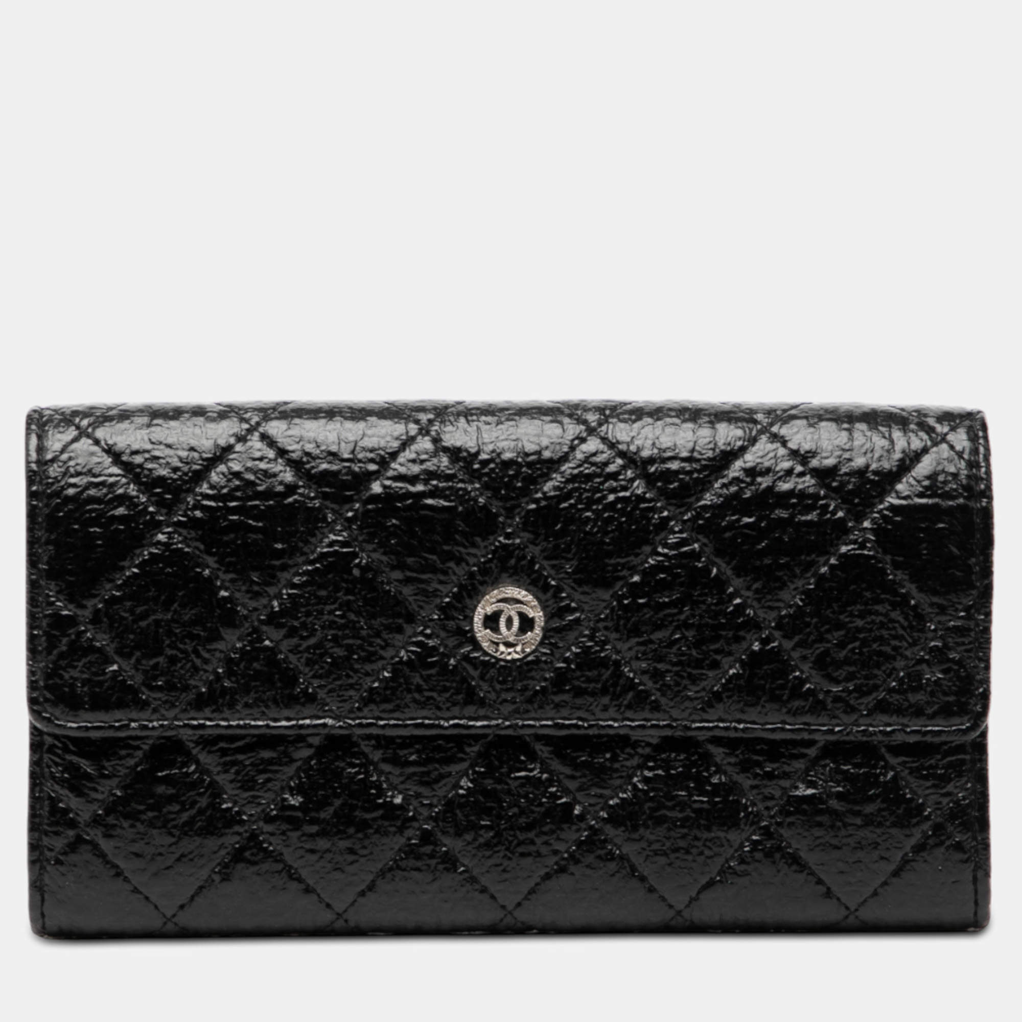 Pre Owned Chanel Black Distressed Quilted Patent Brilliant Flap Long Wallet