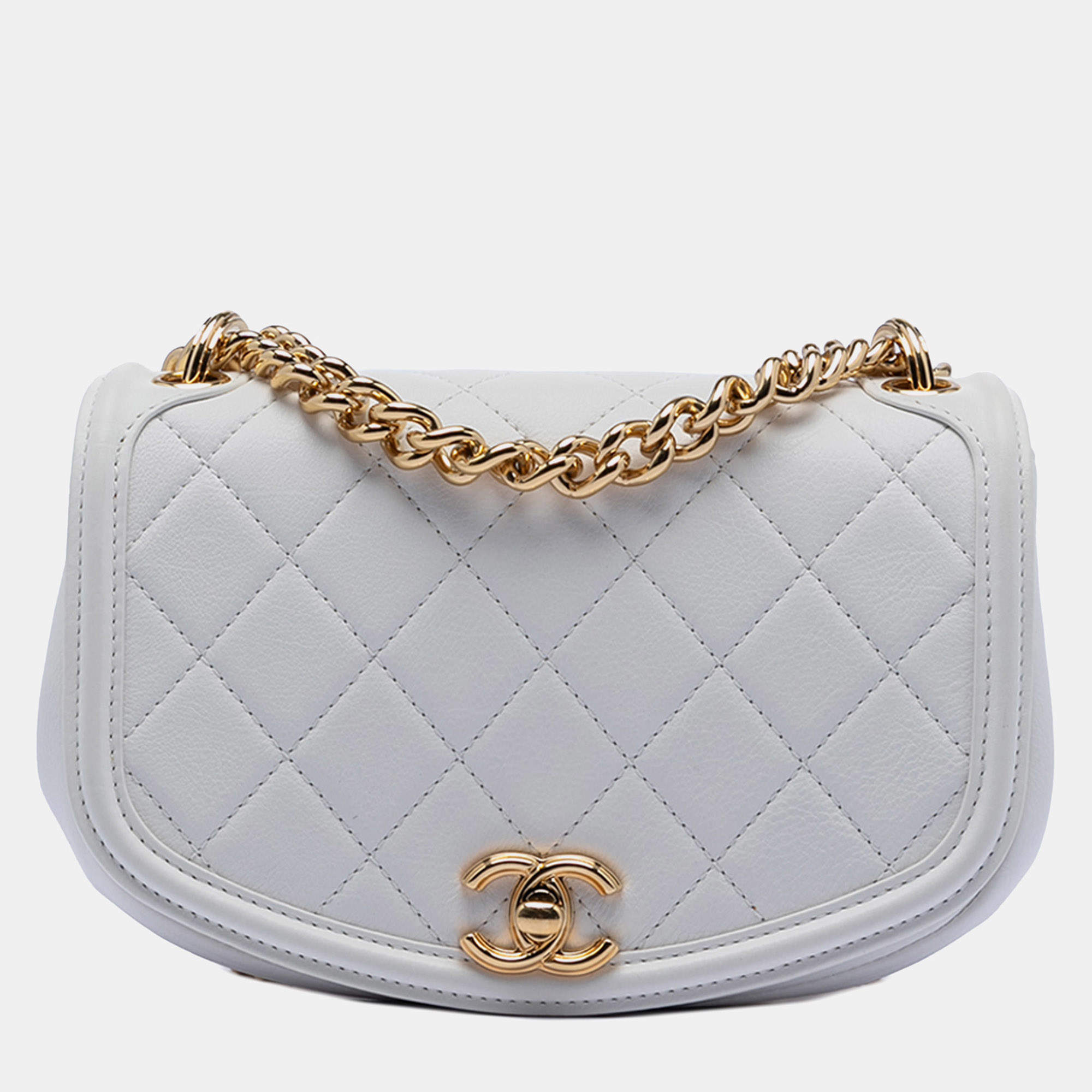 Pre Owned Chanel White Small Quilted Calfskin Underline Saddle Flap