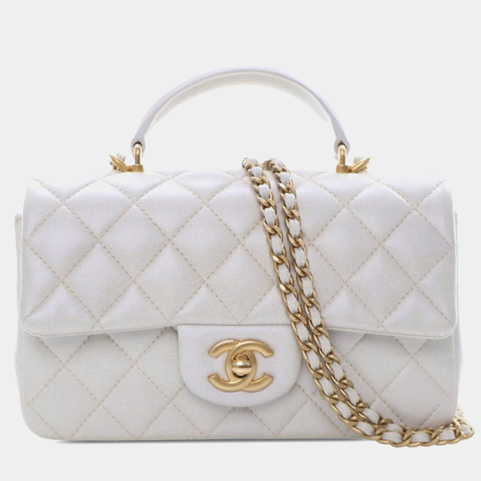 Pre Owned Chanel White Mini Rectangular Quilted Iridescent Lambskin Top Handle Flap