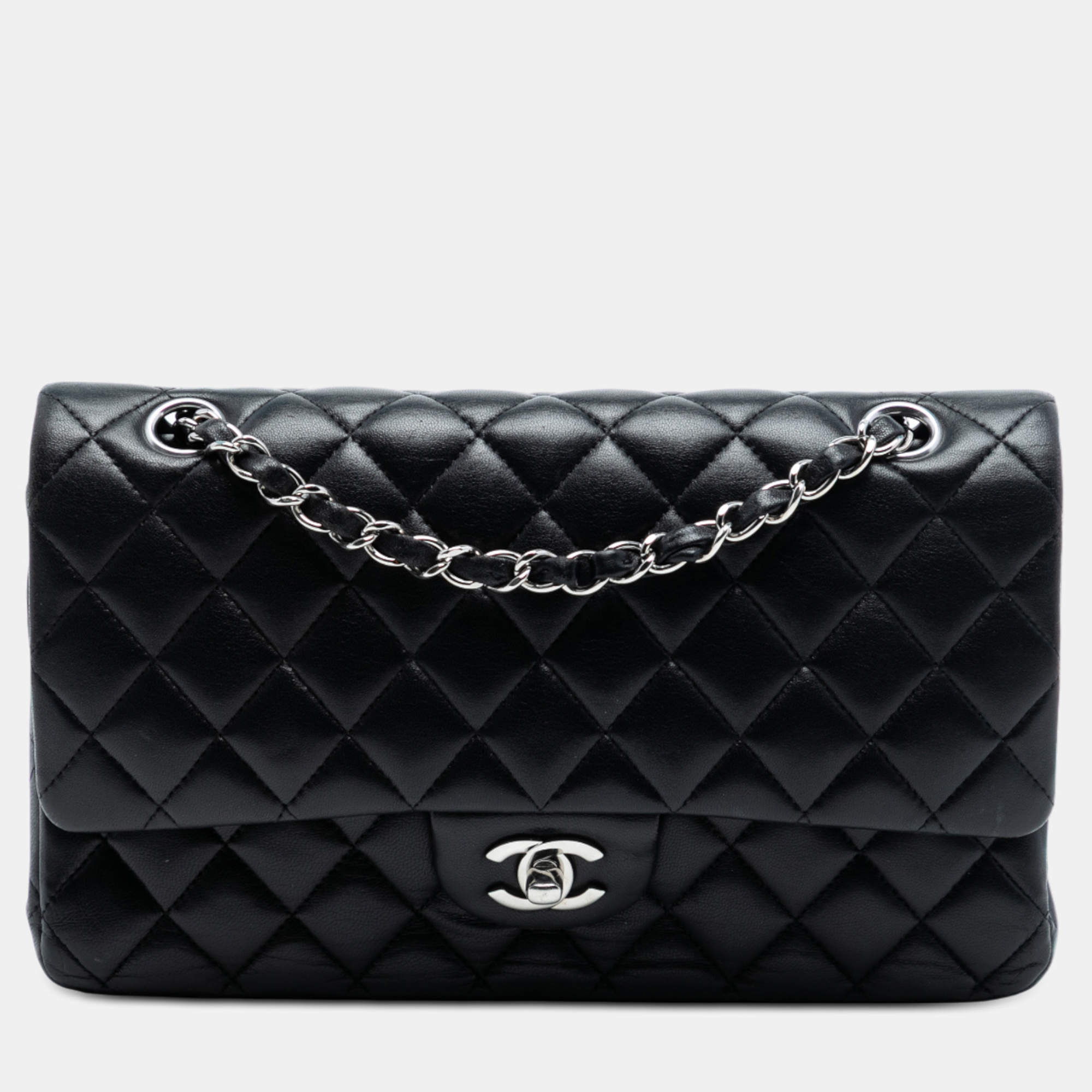 Pre Owned حقيبة شانيل غطاء مزدوج كلاسيكي ميديم جلد خروف أسود