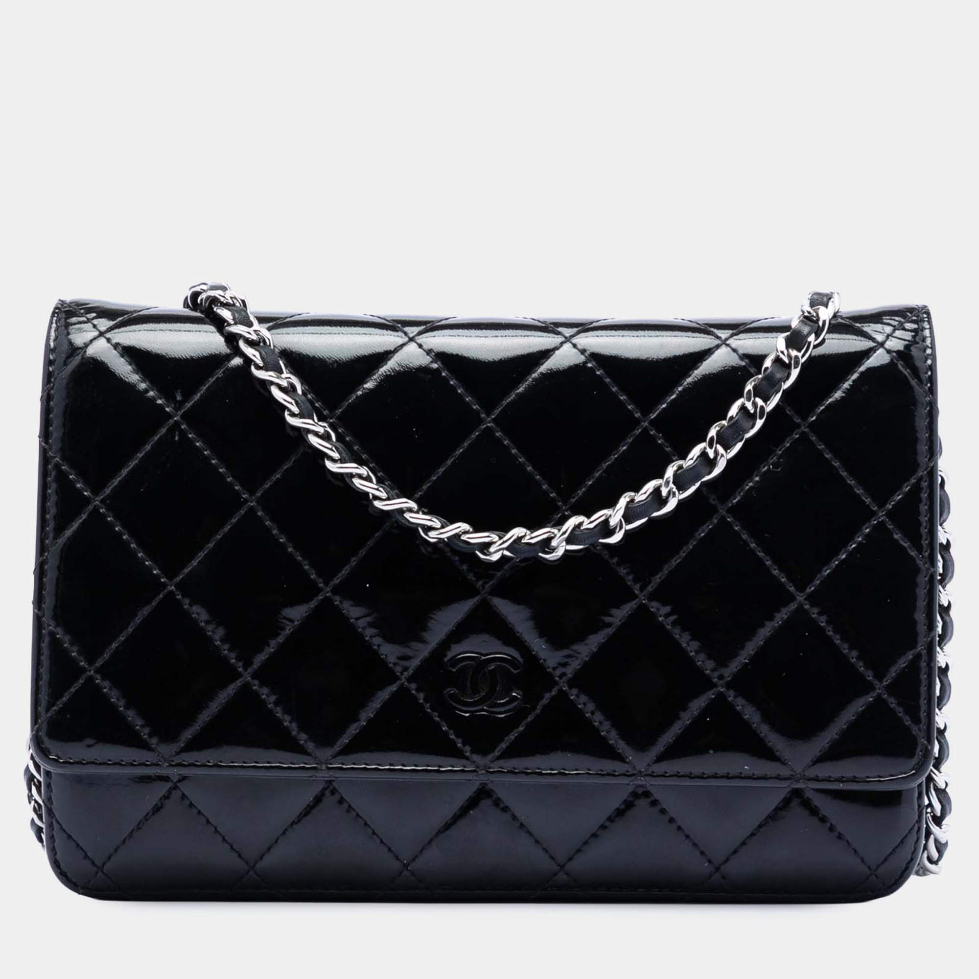 Pre Owned محفظة شانيال سلسلة جلد براءة مرصعة سوداء