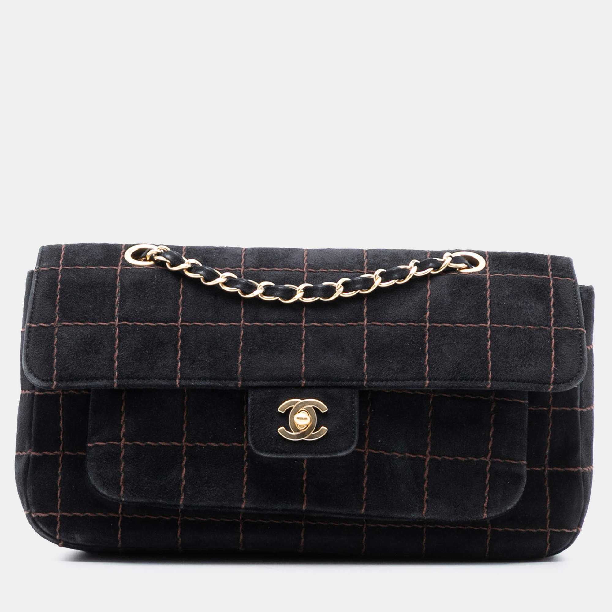 Pre Owned Chanel Black CC Choco Bar Suede Stitched Chain Flap