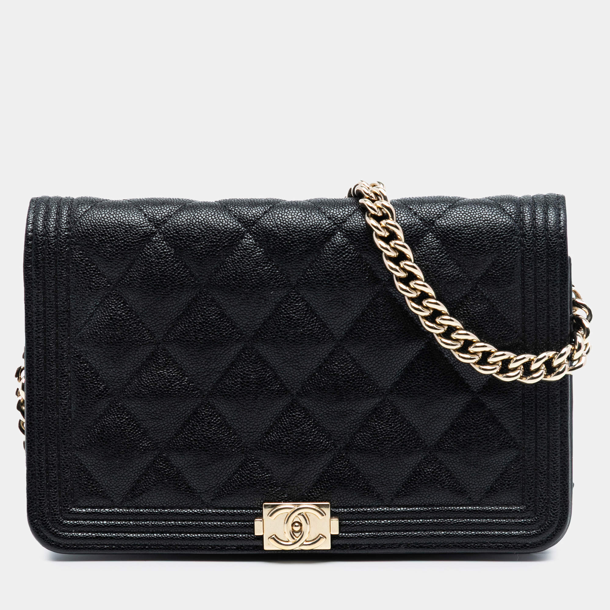Pre Owned Chanel Black Quilted Caviar Boy Wallet on Chain