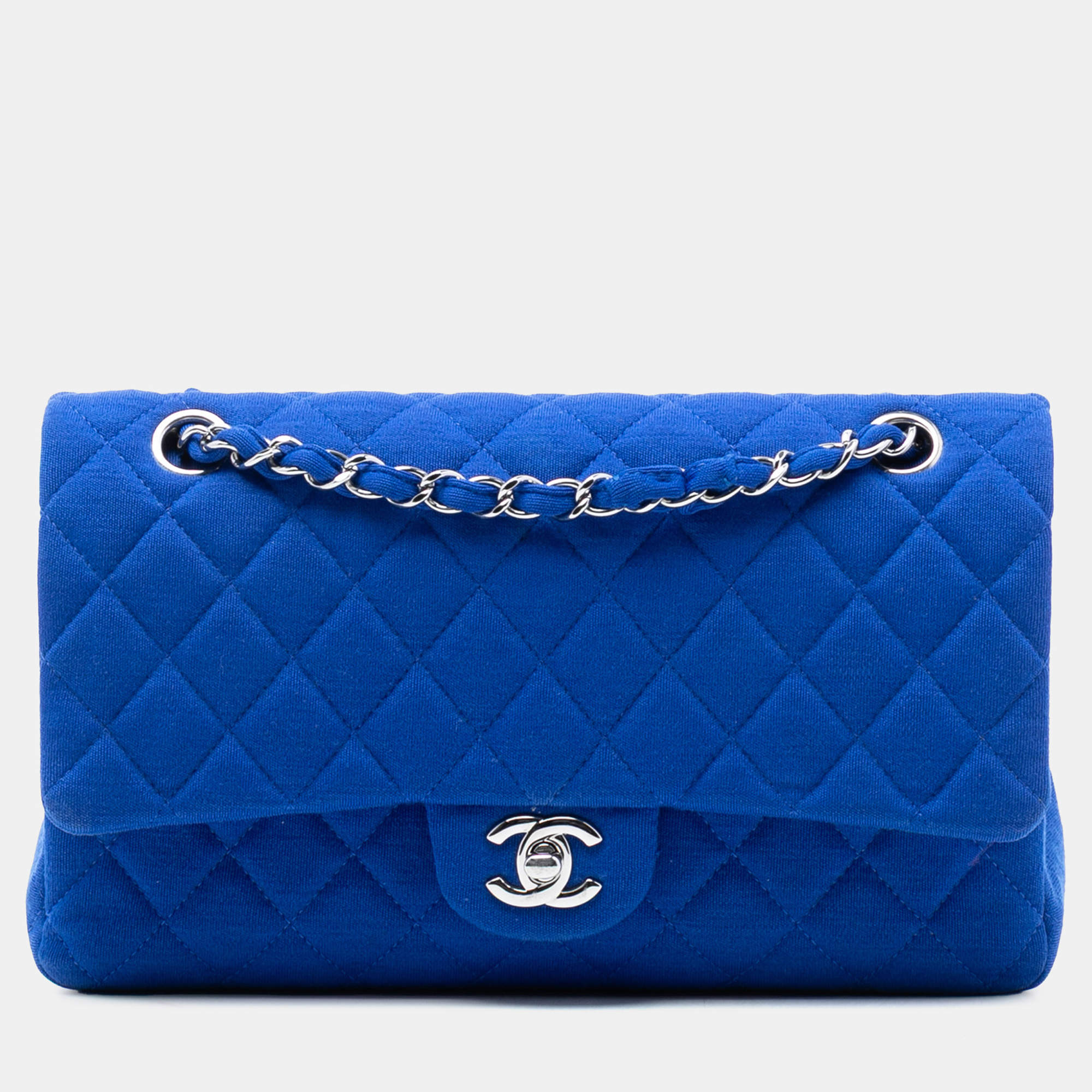 Pre Owned Chanel Blue Medium Classic Jersey Double Flap