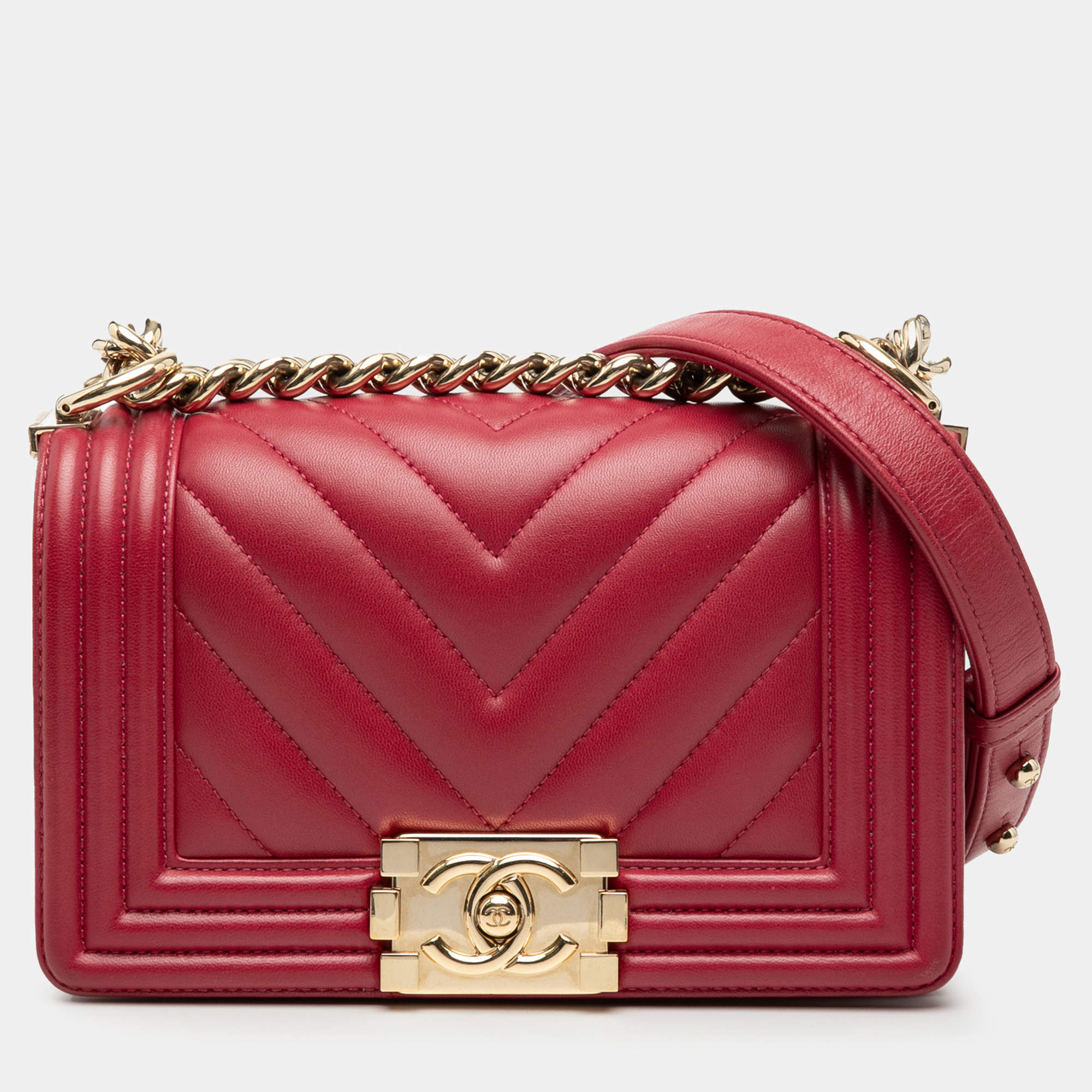 Pre Owned حقيبة كتف شانيل قلاب فتى حمراء صغيرة جلد عجل شيفرون