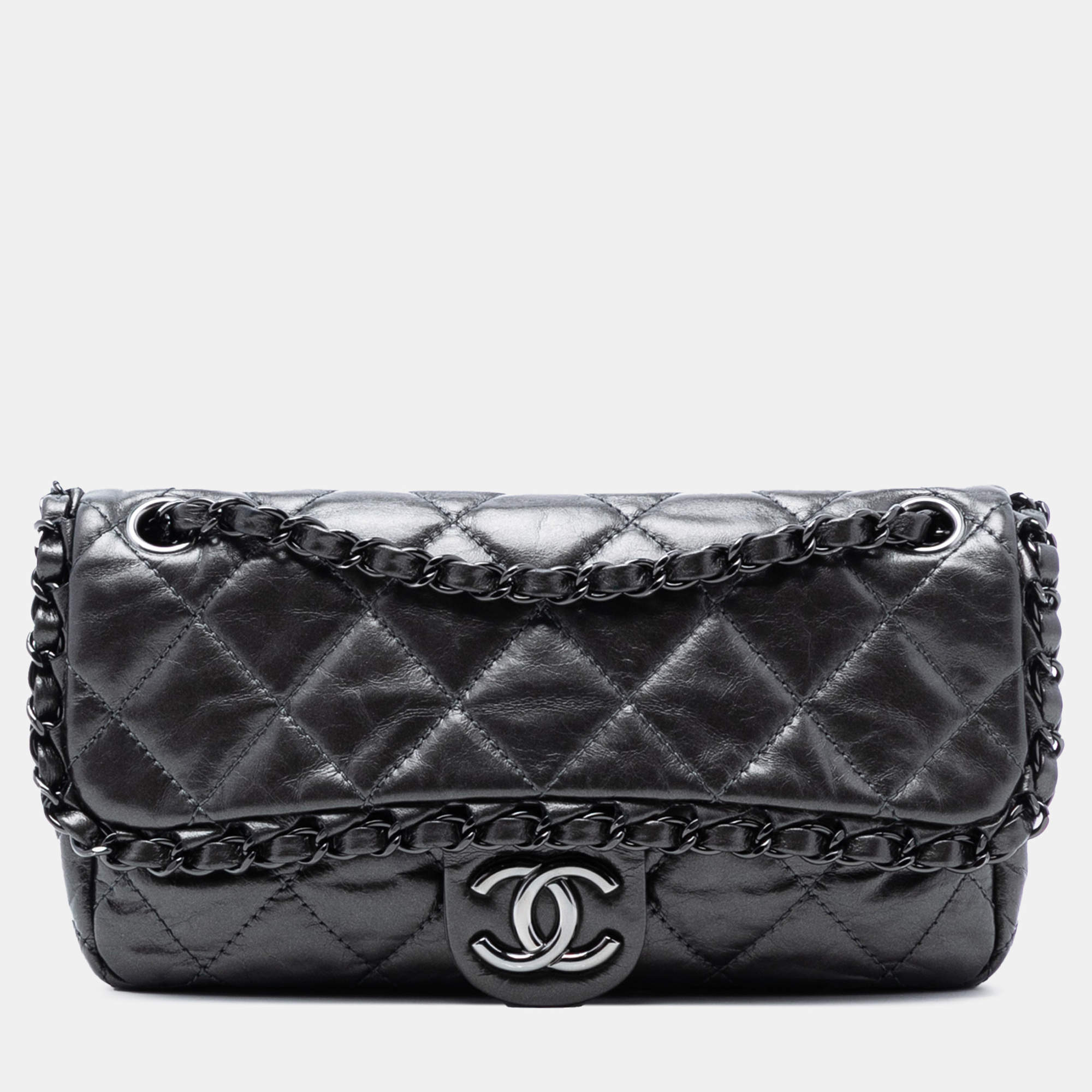 Pre Owned Chanel Grey Small Quilted Metallic Aged Calfskin Chain Me Flap