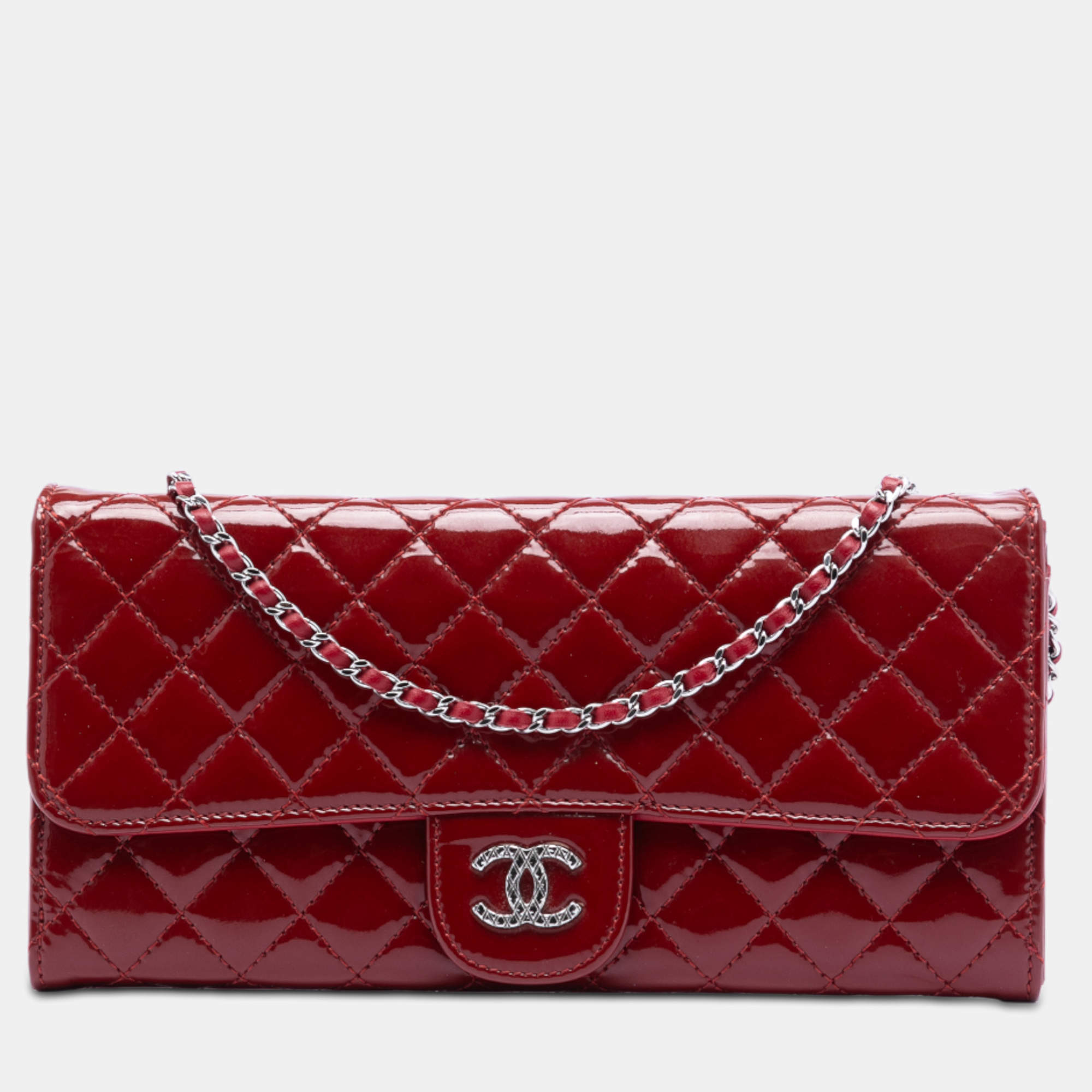 Pre Owned Chanel Red Quilted Patent Brilliant East West Flap Clutch with Chain