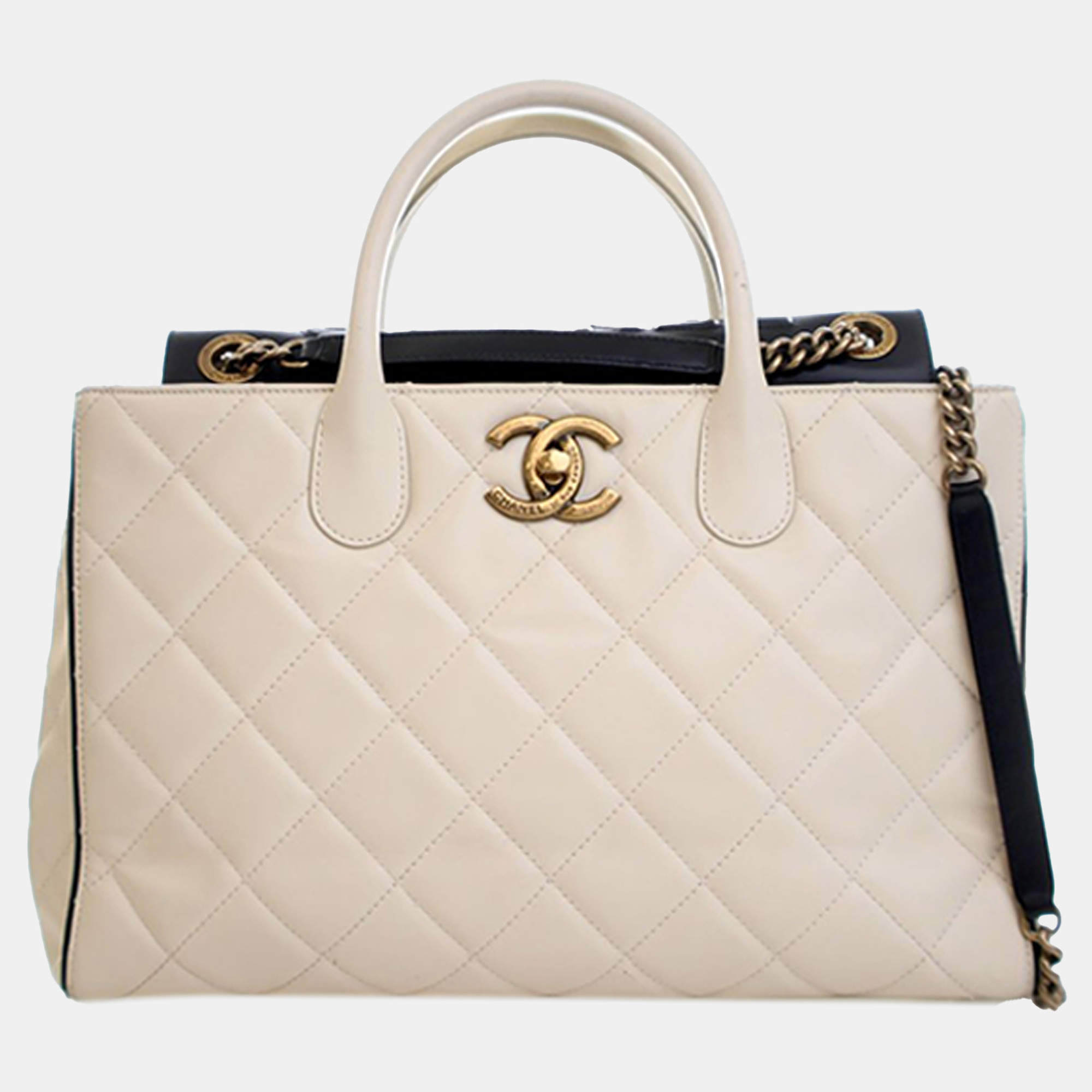 Pre Owned Chanel Black White CC Quilted Calfskin Portobello Tote