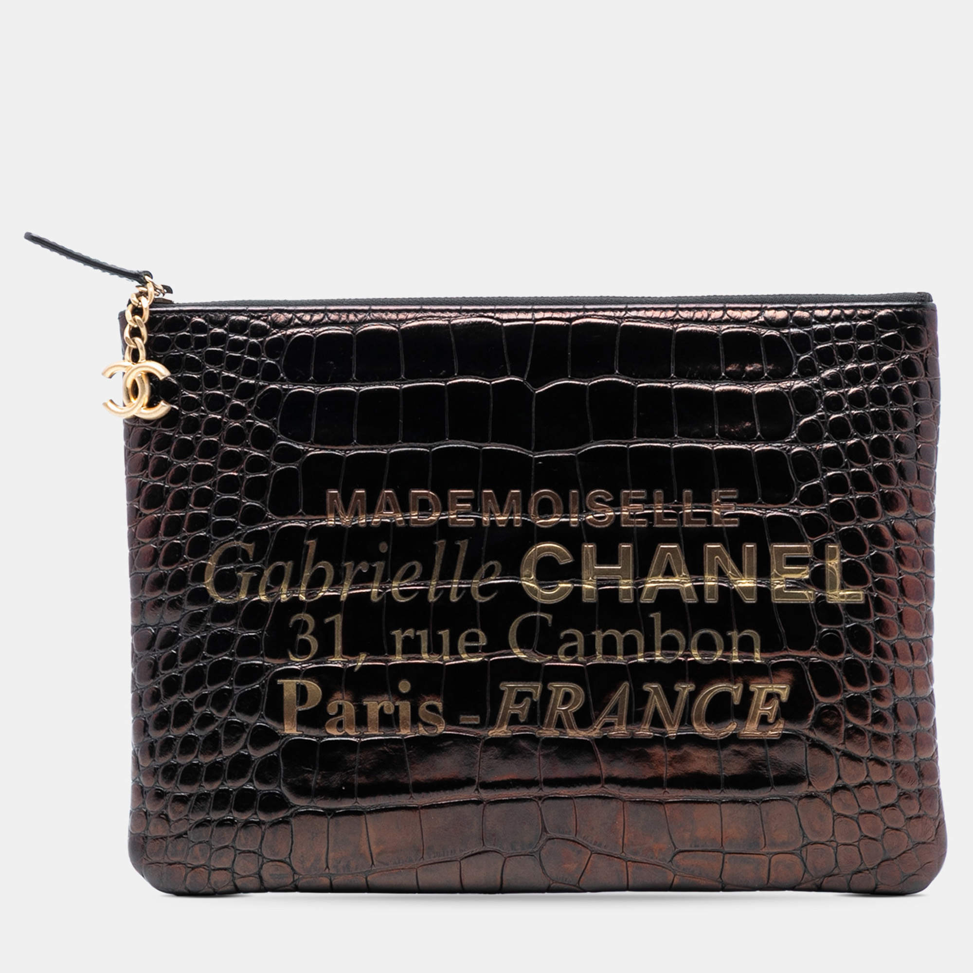 Pre Owned Chanel Black Medium Croc Embossed Calfskin Mademoiselle Gabrielle Signature Pouch