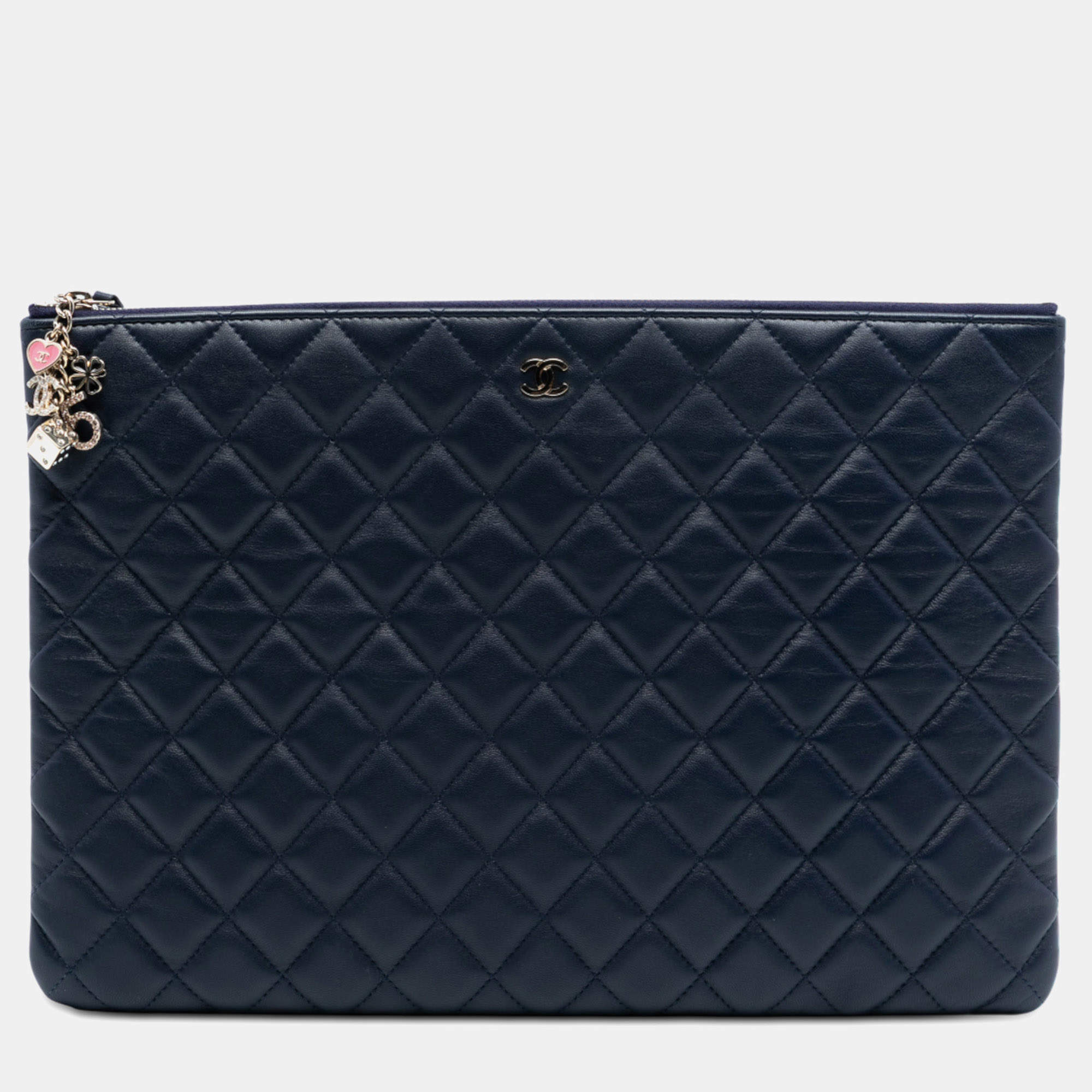 Pre Owned Chanel Blue Large Quilted Lambskin Casino Charms O Case Clutch