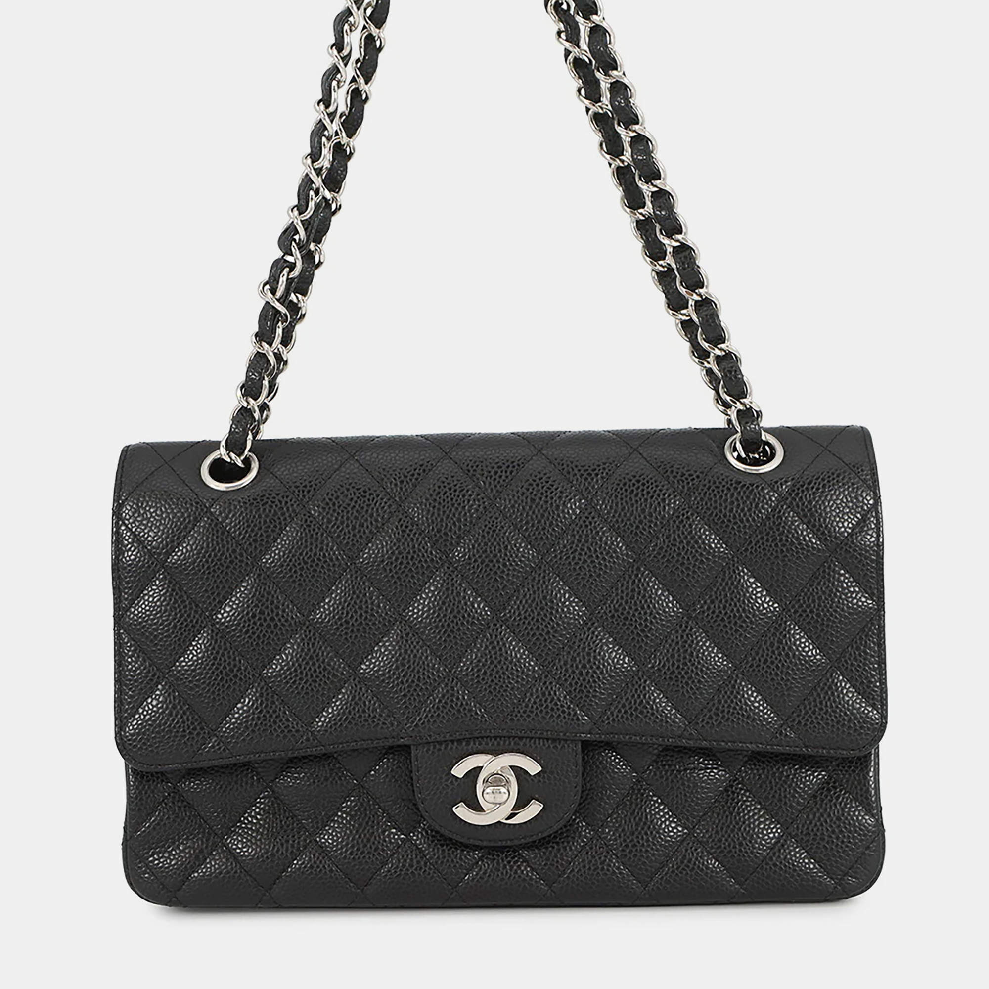 Pre Owned Chanel Matelasse Double Flap 25 Black Caviar Leather Shoulder Bag