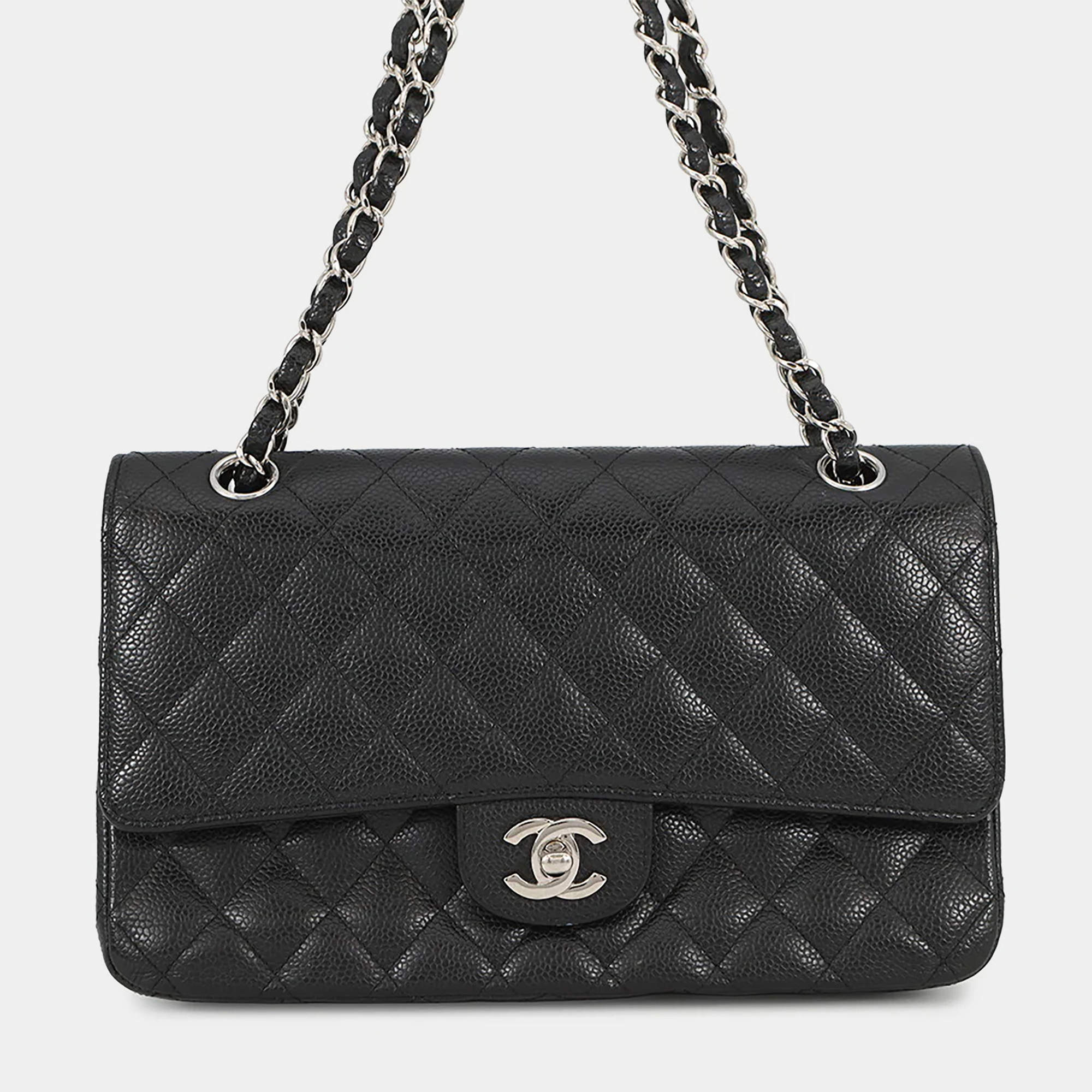 Pre Owned حقيبة شانيل شانيل مزدوجة رفرف سلسلة كتف جلد كافيار أسود مقاس ٢٥