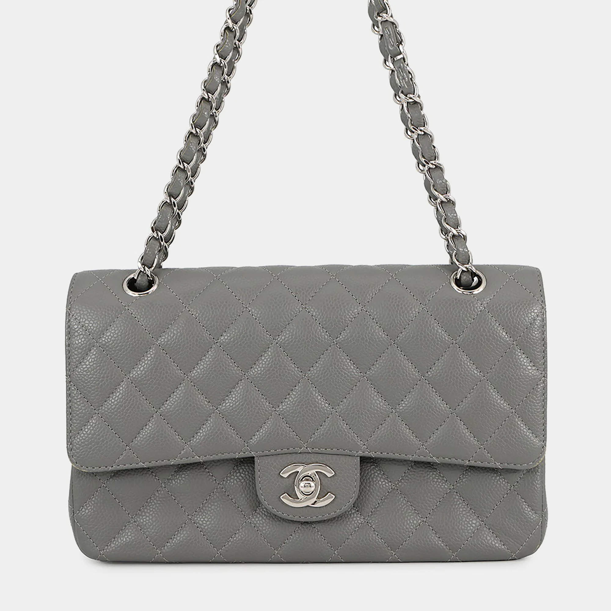 Pre Owned Chanel Classic Double Flap Medium Grey Caviar Leather Chain Shoulder Bag