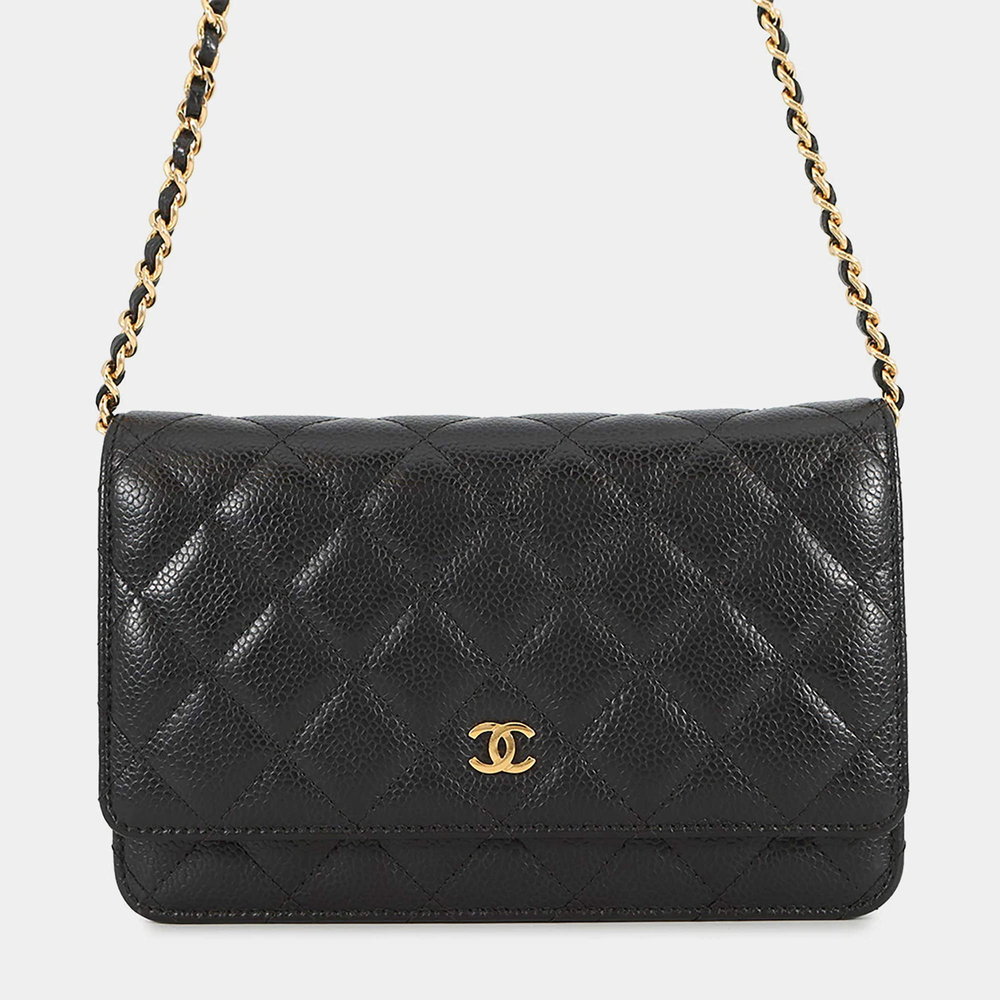 مملوكة مسبقًا Chanel Matelassé Black Caviar Leather Wallet on Chain