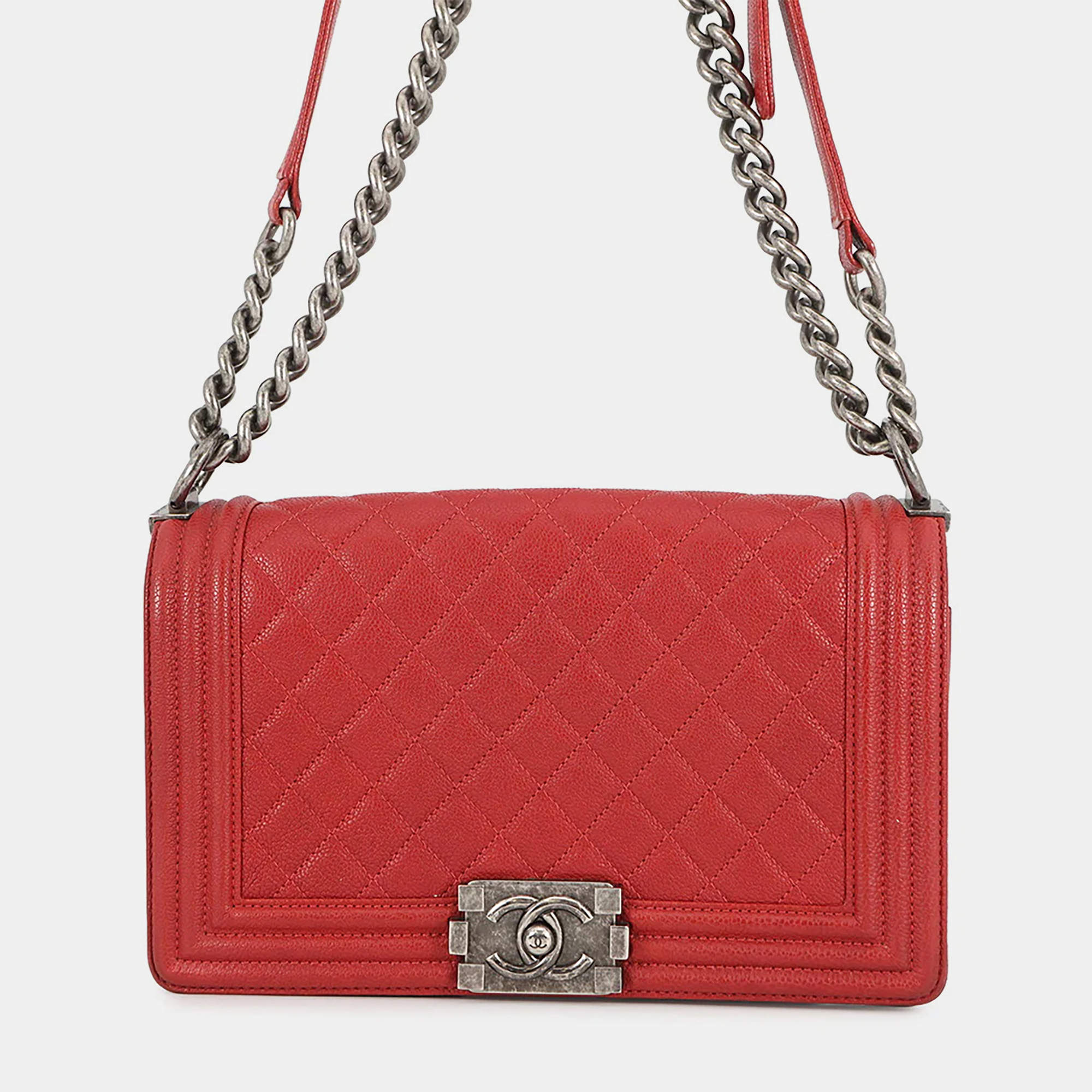 Pre Owned Chanel Boy Small Red Caviar Leather Shoulder Bag